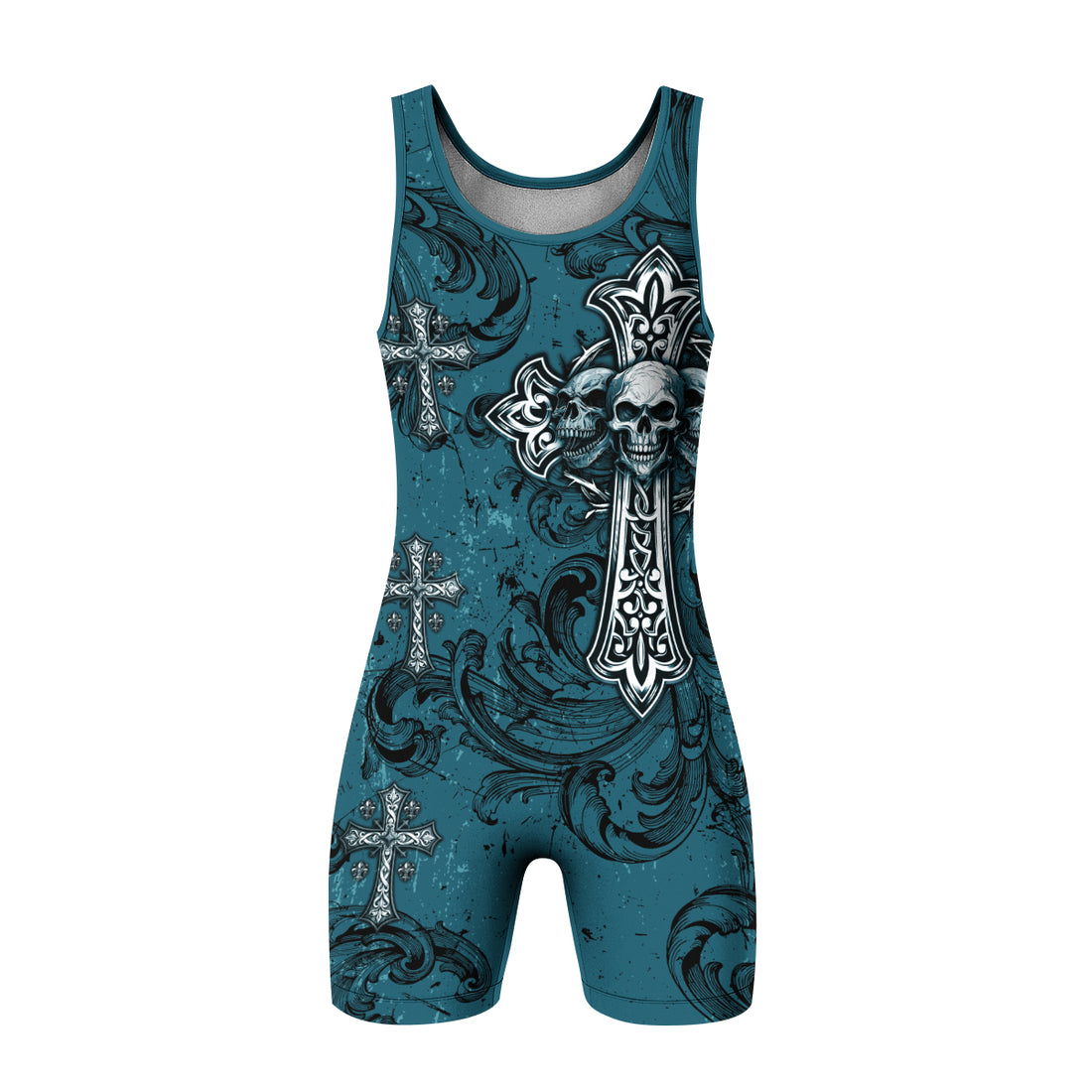 Memento Mori Skull Cross Wrestling Singlet - front and back view