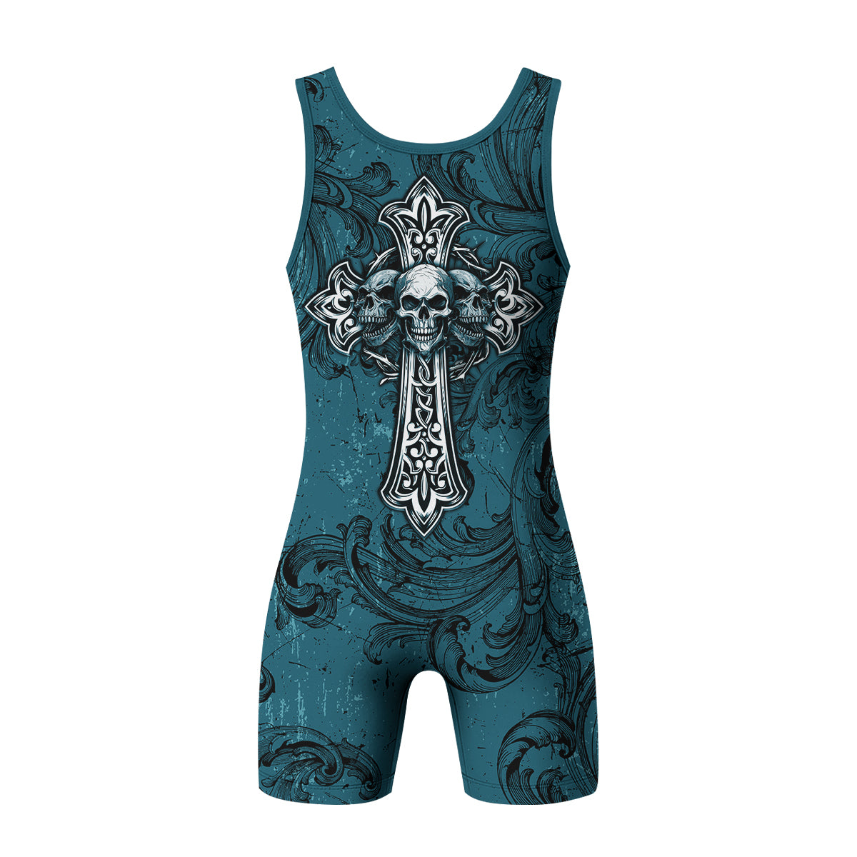 Memento Mori Skull Cross Wrestling Singlet - back view mockup