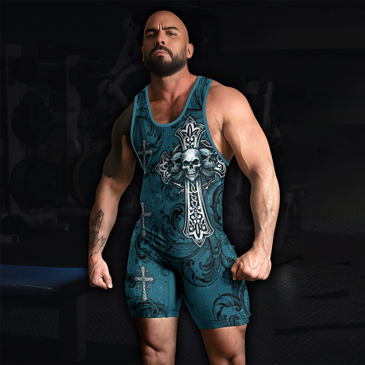 Memento Mori Skull Cross Wrestling Singlet - men's lifestyle view