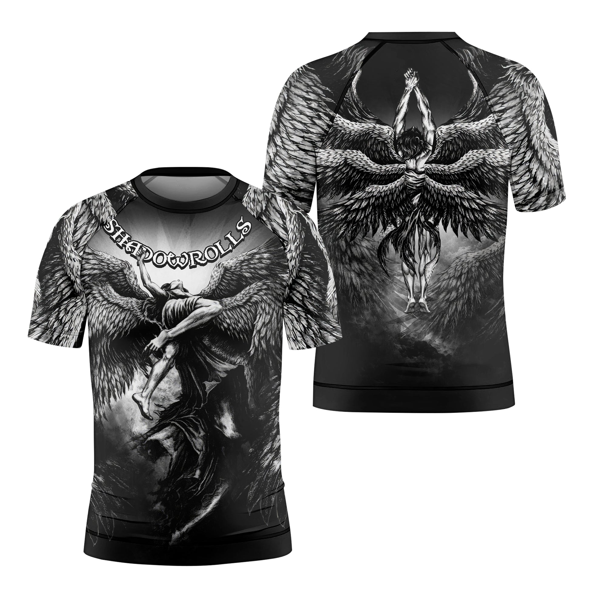 Shadowrolls Dark Angel Kids Rash Guard Short Sleeve - front and back view