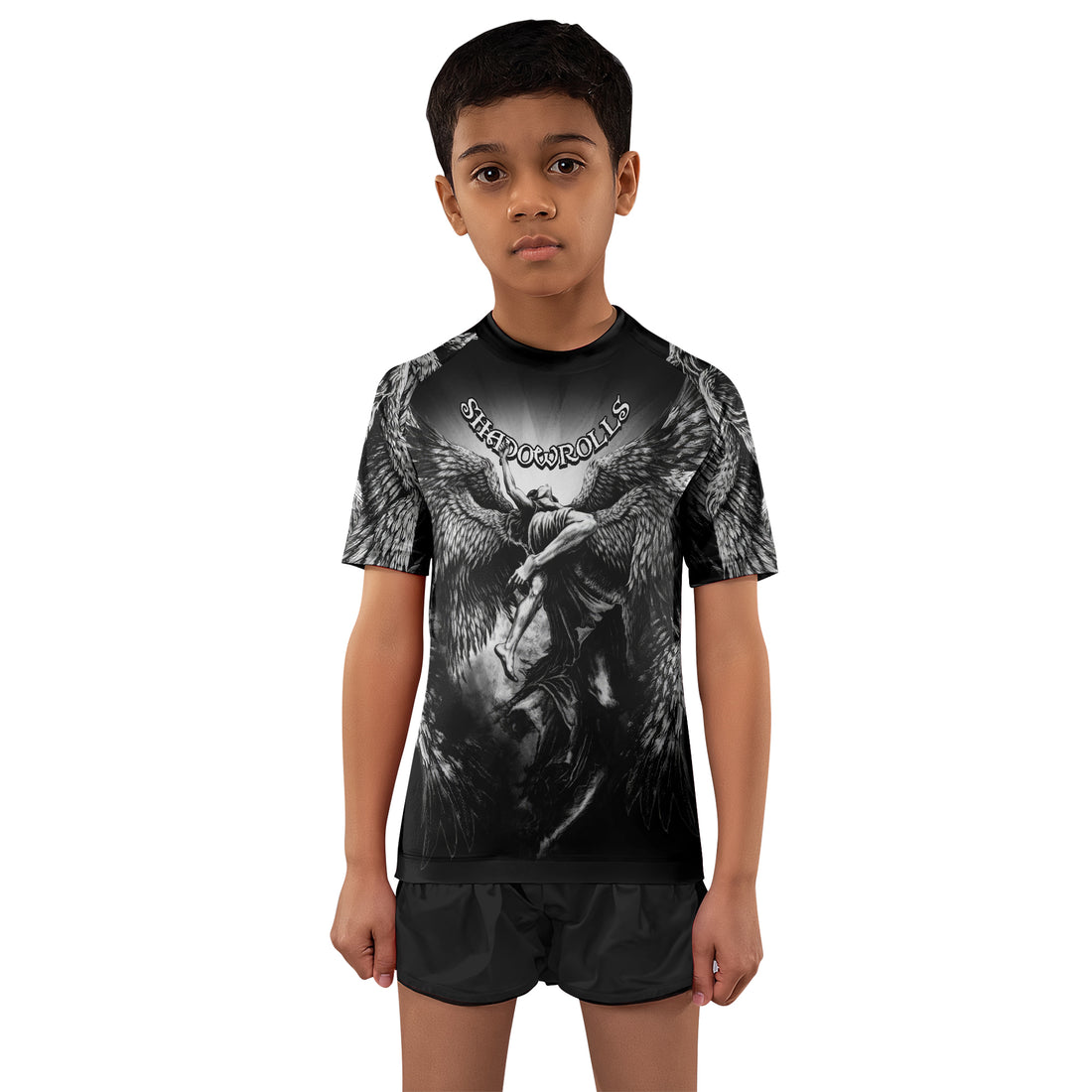 Shadowrolls Dark Angel Kids Rash Guard Short Sleeve - boy's lifestyle view