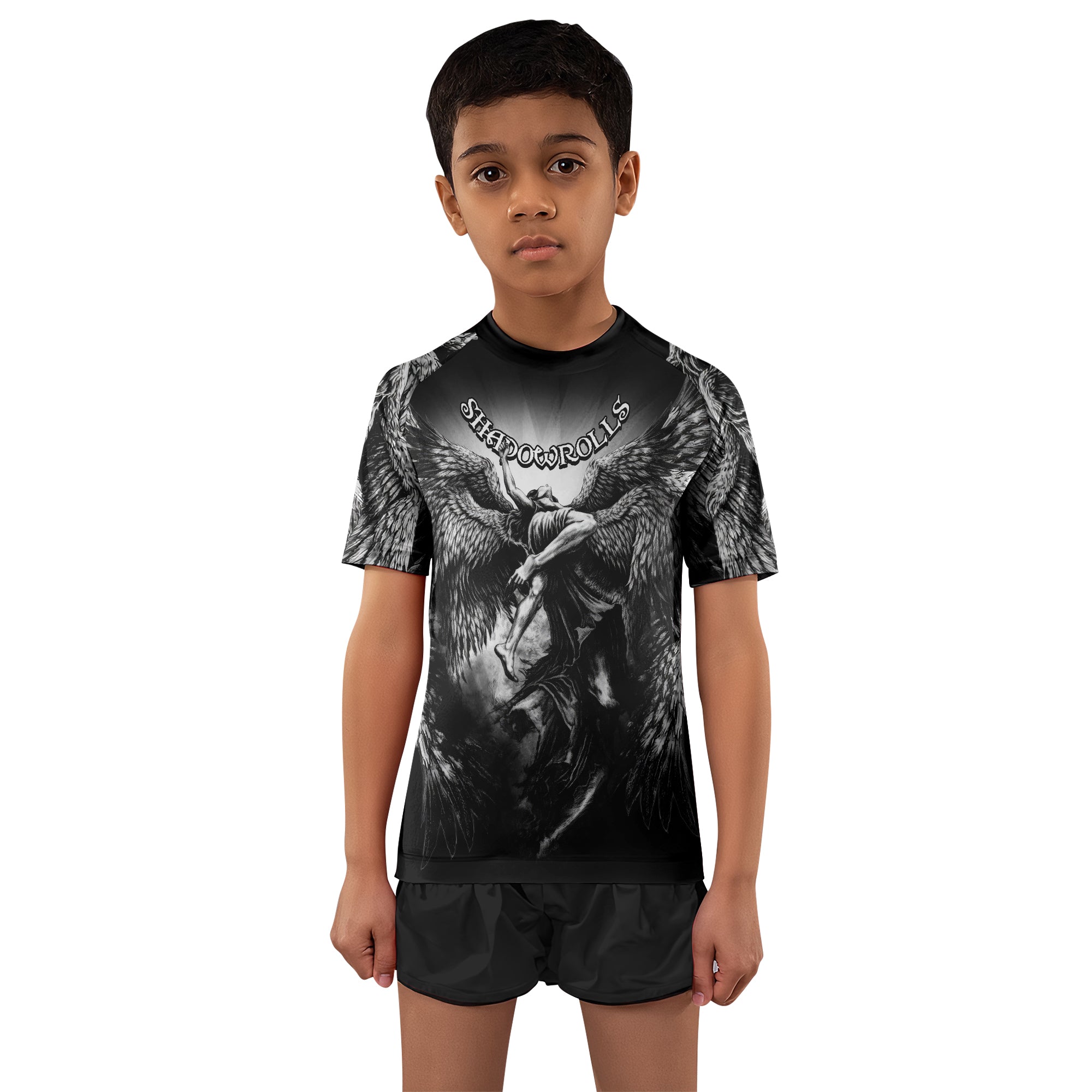 Shadowrolls Dark Angel Kids Rash Guard Short Sleeve - boy's lifestyle view