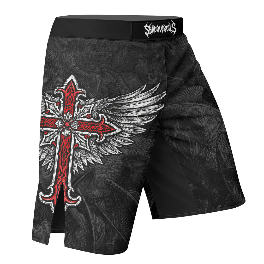 Gothic Spine Wings Fight Shorts - right side mockup