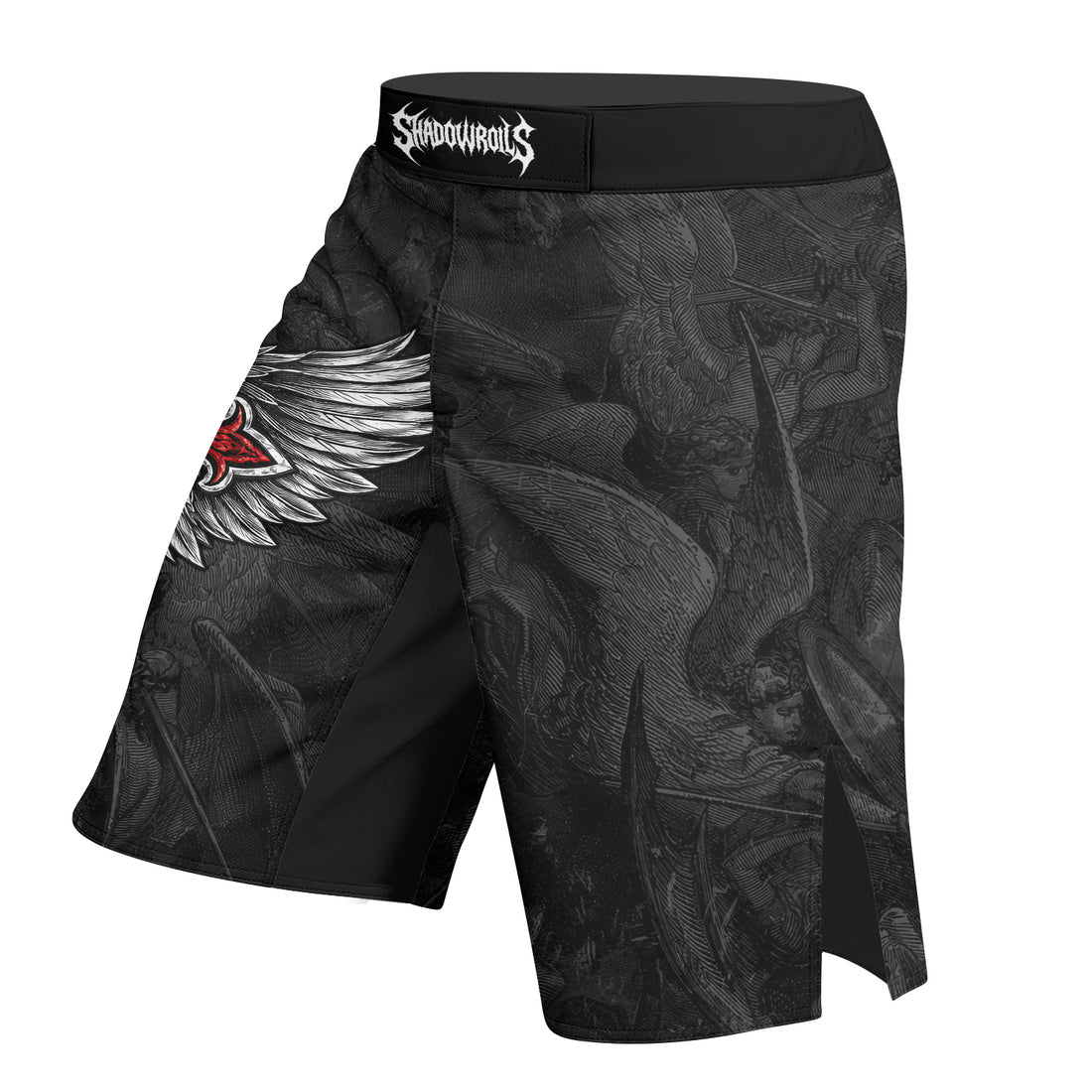 Gothic Spine Wings Fight Shorts - right side mockup