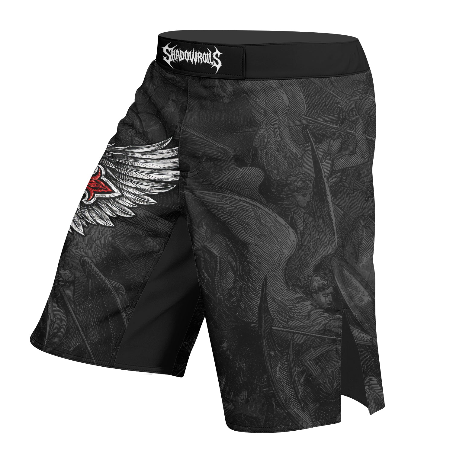 Gothic Spine Wings Fight Shorts - left side mockup