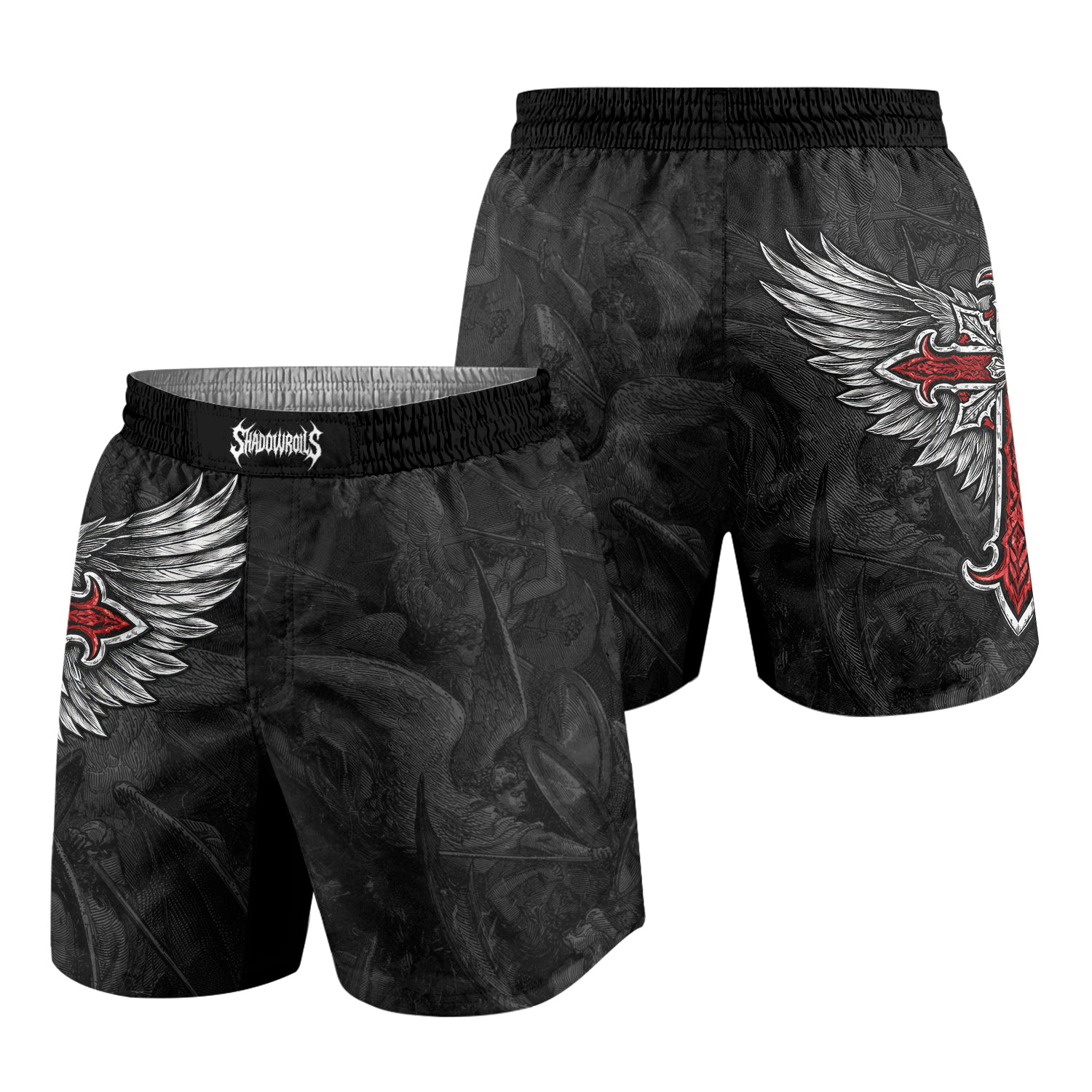 Gothic Spine Wings Grappling Shorts - front and back view