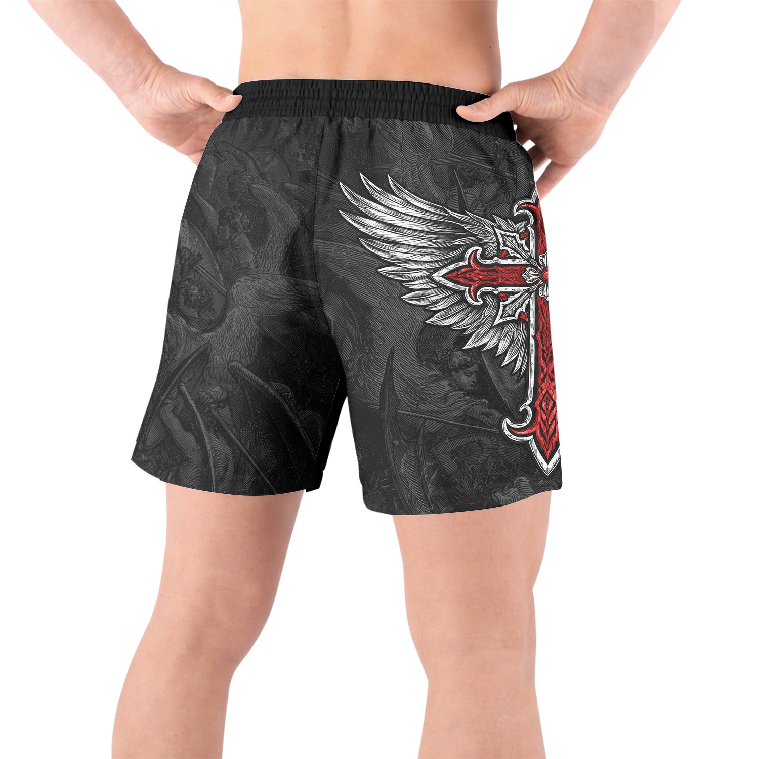 Gothic Spine Wings Grappling Shorts - back view lifestyle