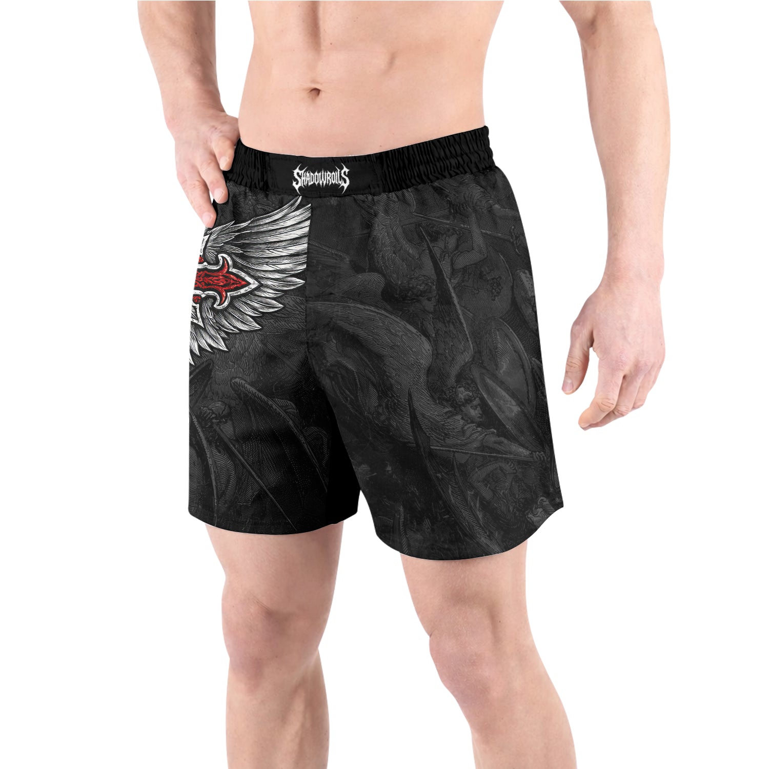 Gothic Spine Wings Grappling Shorts - front view lifestyle