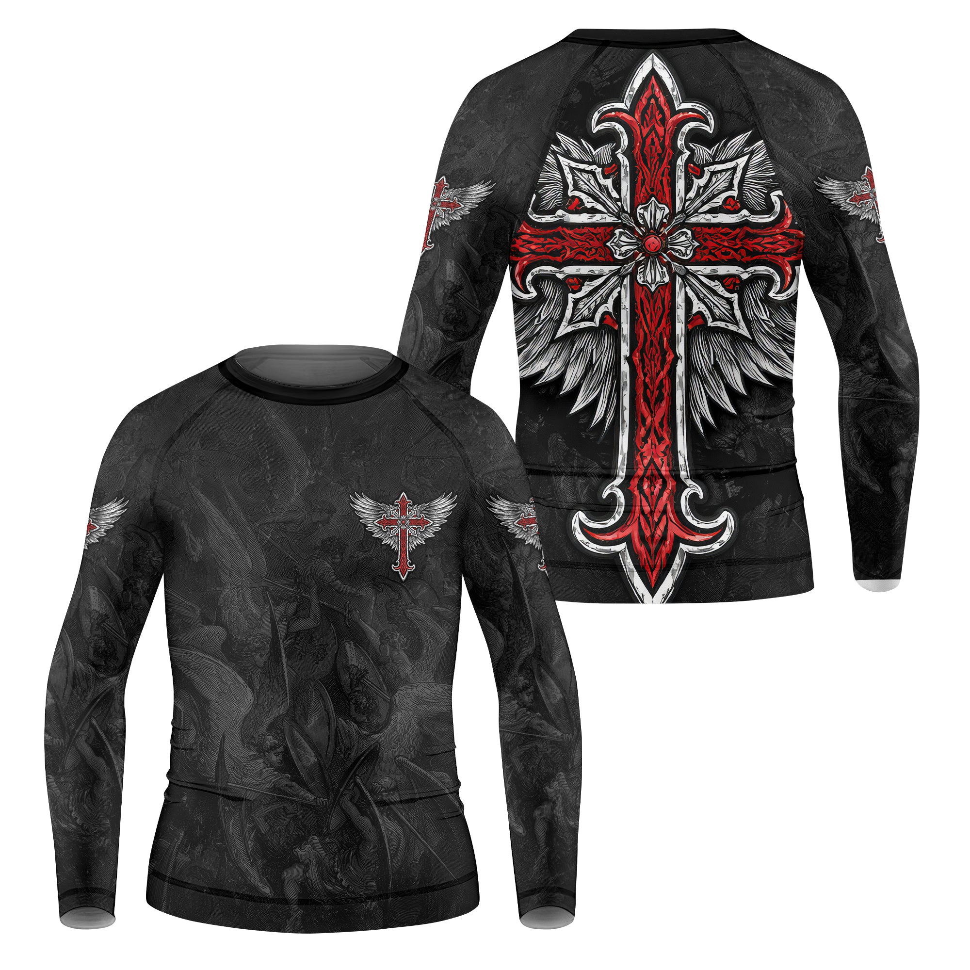 Gothic Spine Wings Kids Rash Guard Long Sleeve - front and back view