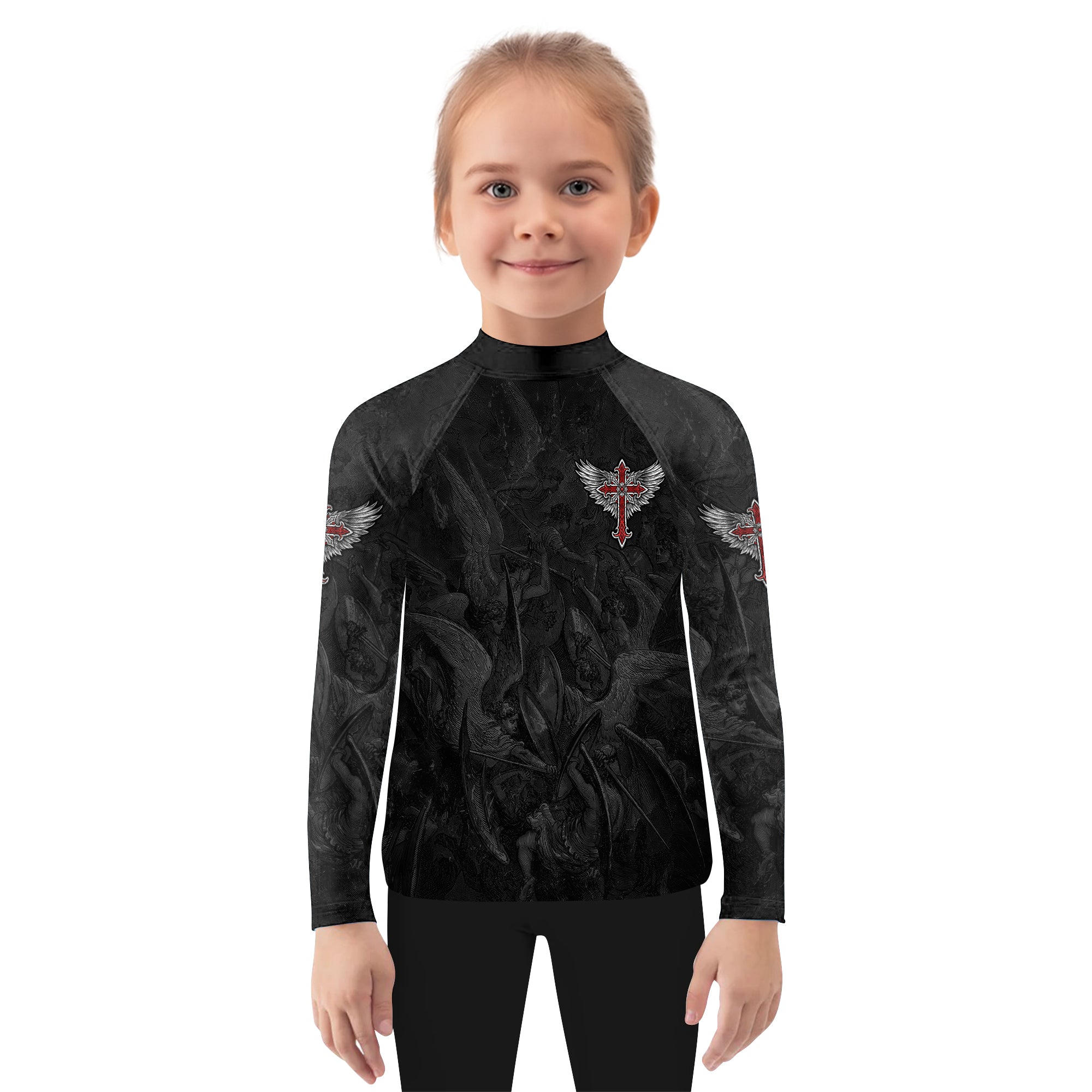 Gothic Spine Wings Kids Rash Guard Long Sleeve - girl's lifestyle view