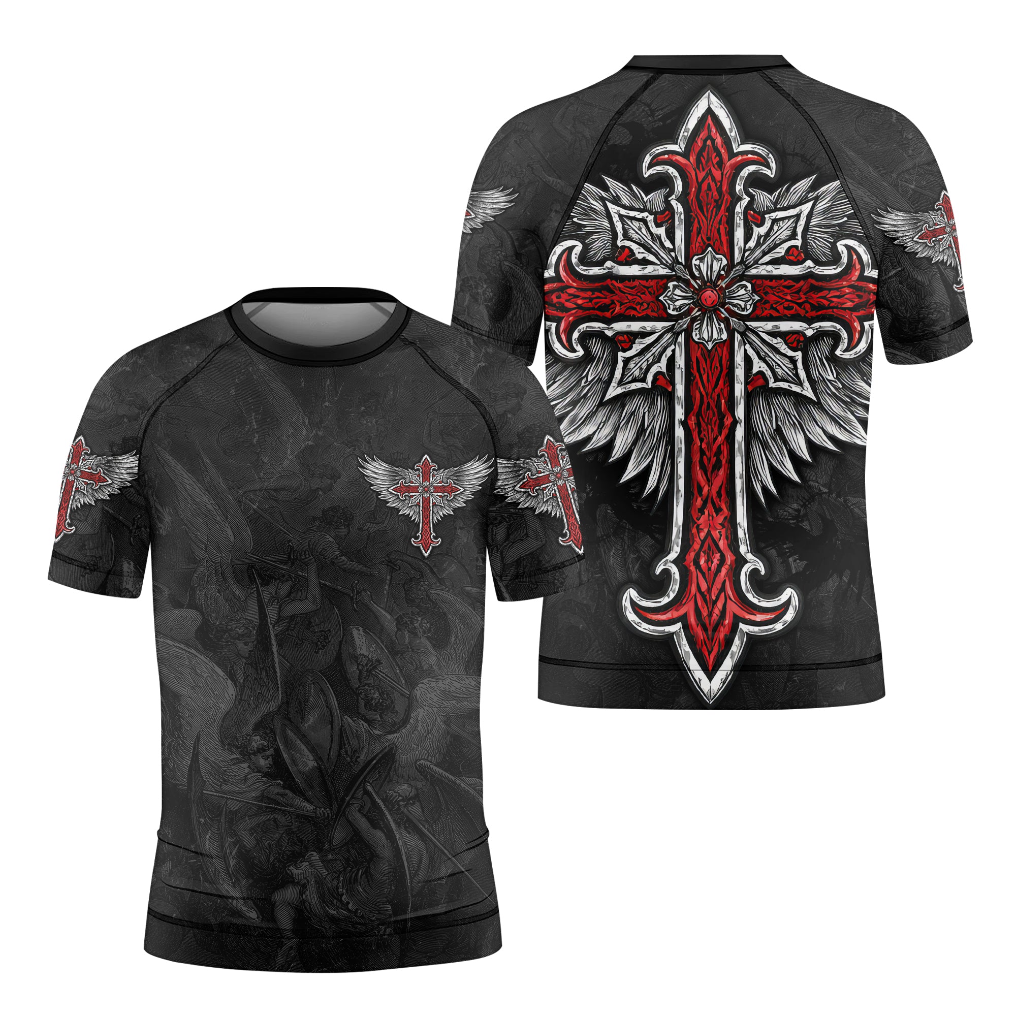 Gothic Spine Wings Kids Rash Guard Short Sleeve - front and back view