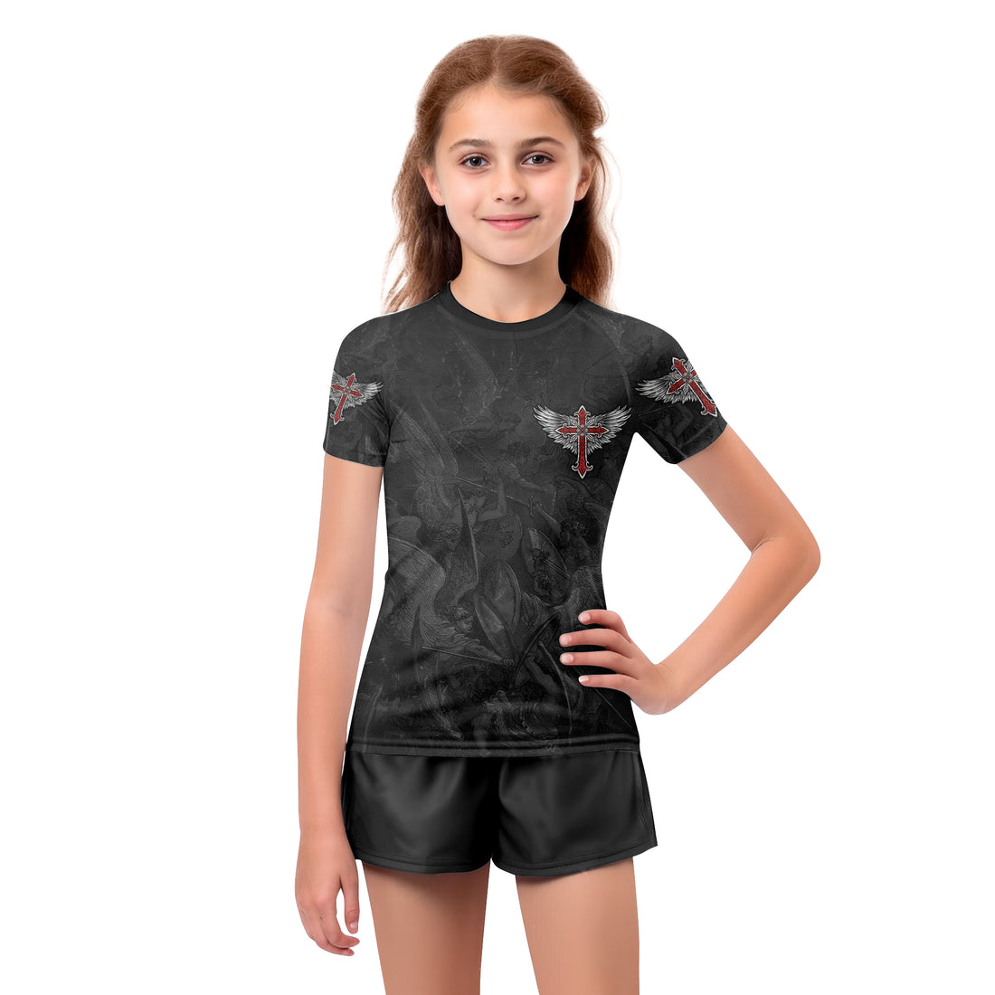 Gothic Spine Wings Kids Rash Guard Short Sleeve - boy's lifestyle view
