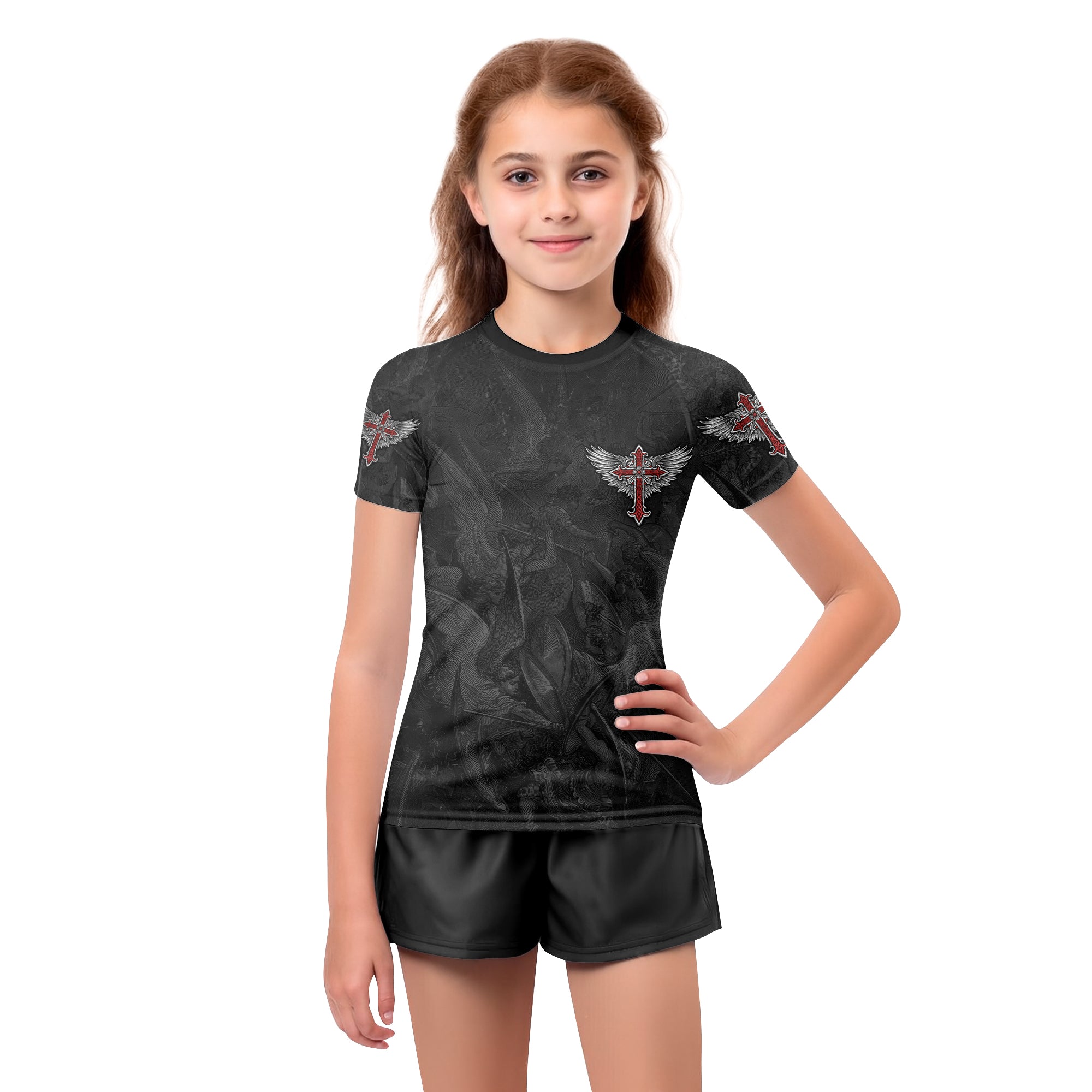 Gothic Spine Wings Kids Rash Guard Short Sleeve - girl's lifestyle view