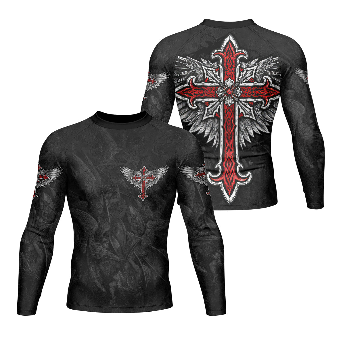 Gothic Spine Wings Men's Rash Guard Long Sleeve - front and back view