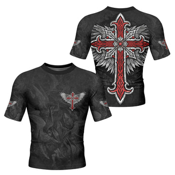 Gothic Spine Wings Men's Rash Guard Short Sleeve - front and back view