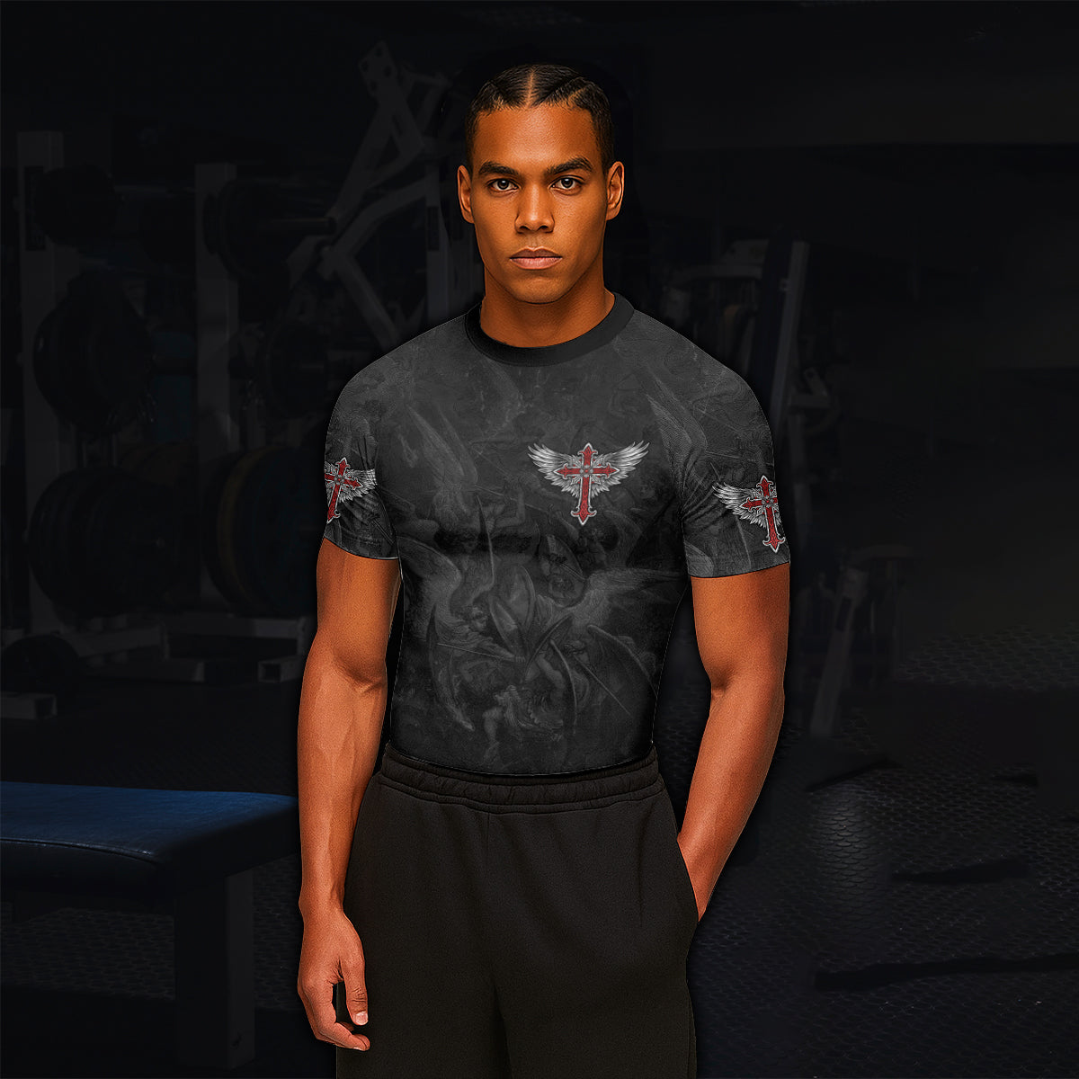 Gothic Spine Wings Men's Rash Guard Short Sleeve - lifestyle view