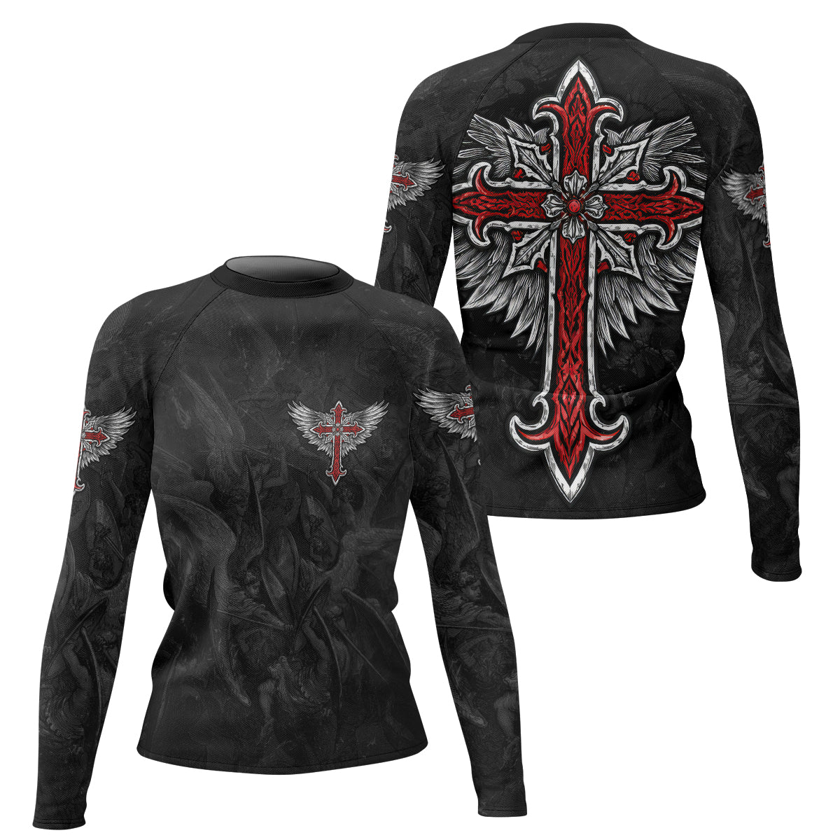 Gothic Spine Wings Women's Rash Guard Long Sleeve - front and back view