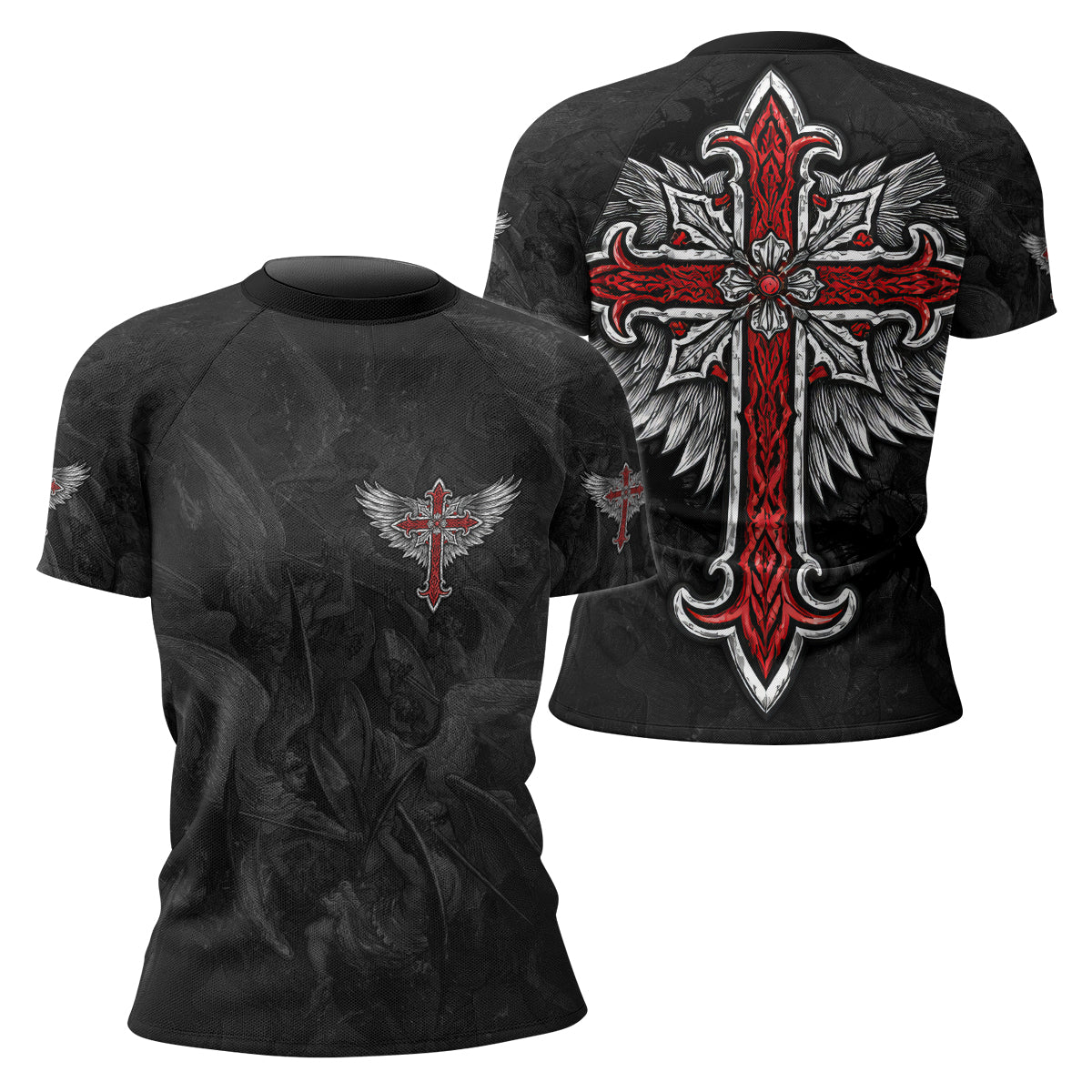 Gothic Spine Wings Women's Rash Guard Short Sleeve - front and back view