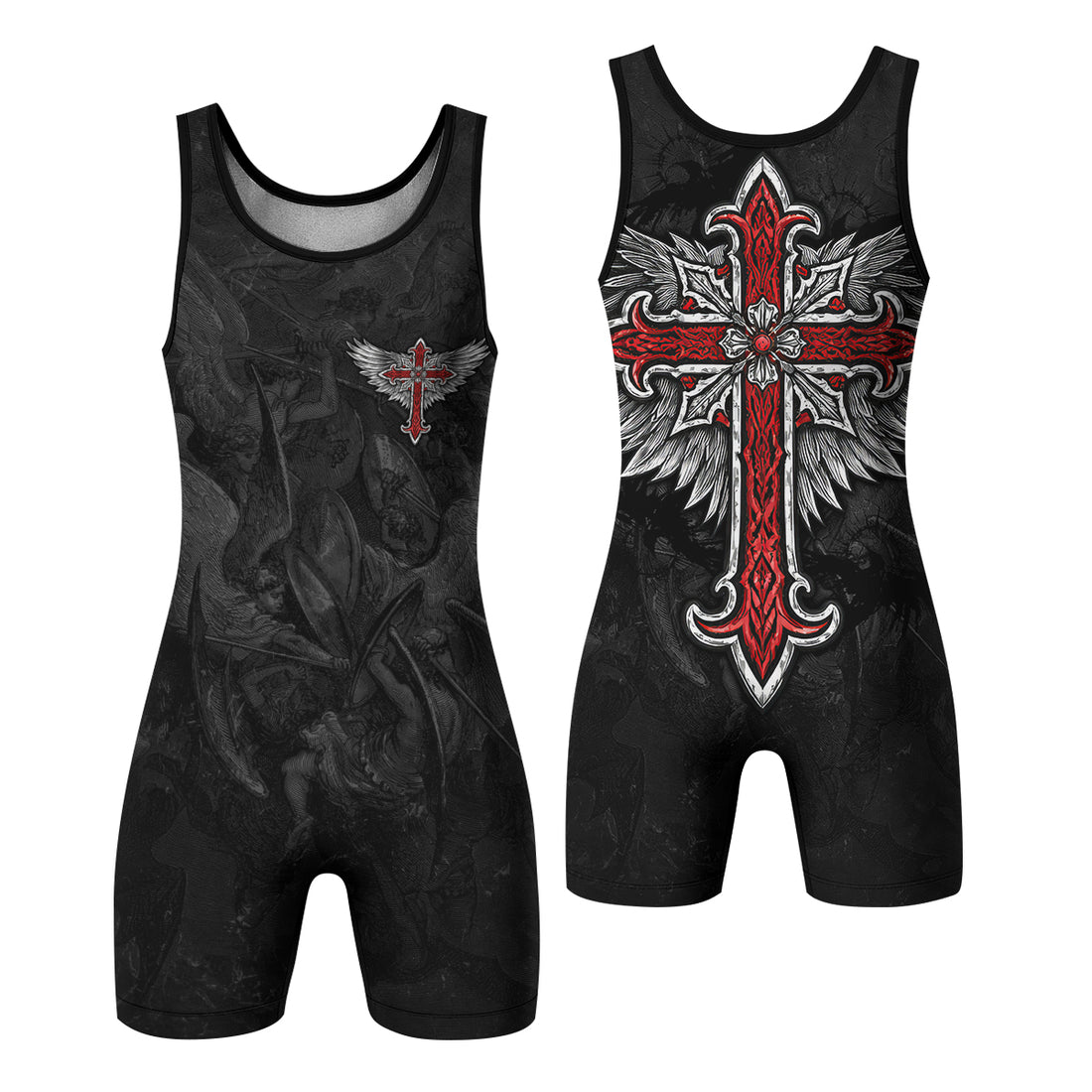 Gothic Spine Wings Wrestling Singlet - front and back view