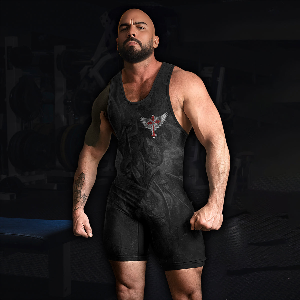 Gothic Spine Wings Wrestling Singlet - men's lifestyle view