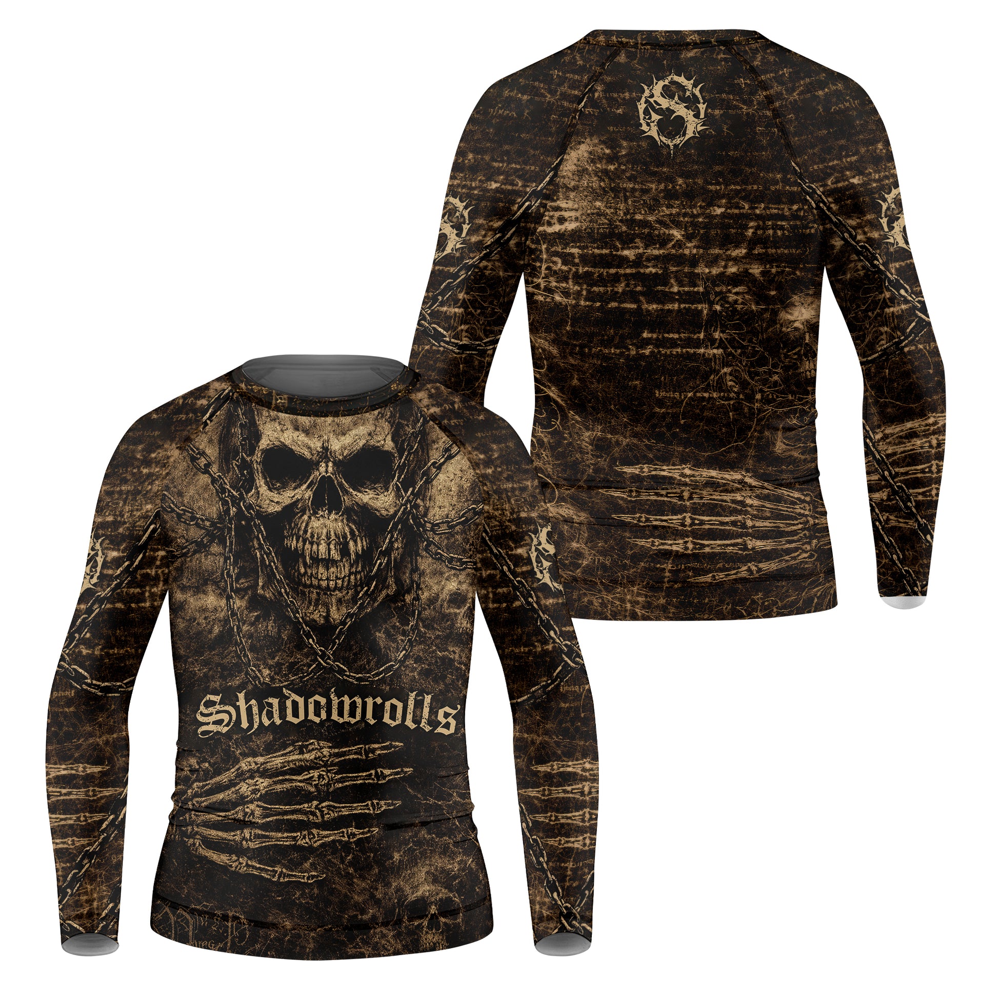 Shadowrolls Skull Chain Kids Rash Guard Long Sleeve - front and back view
