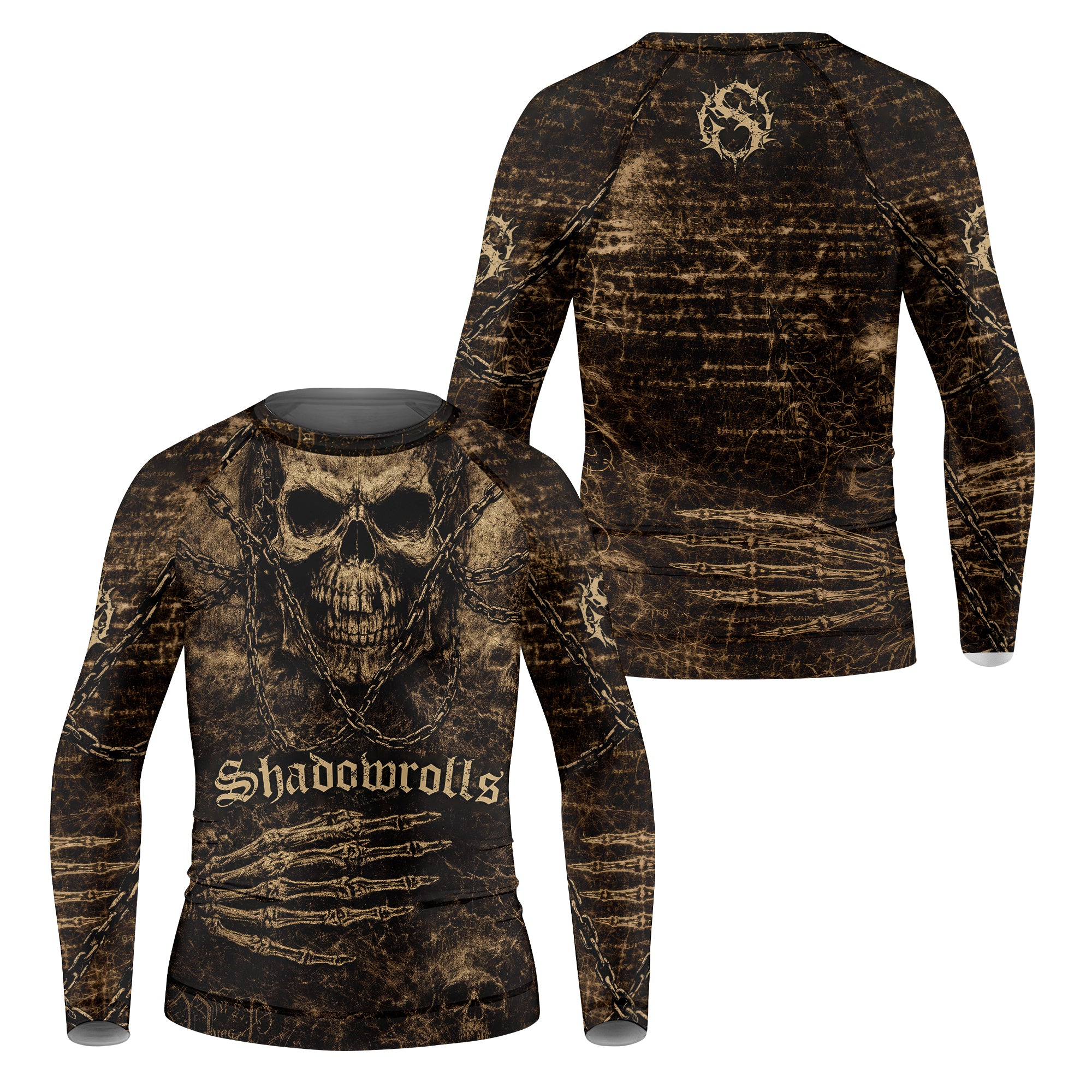 Shadowrolls Skull Chain Kids Rash Guard Long Sleeve - front and back view