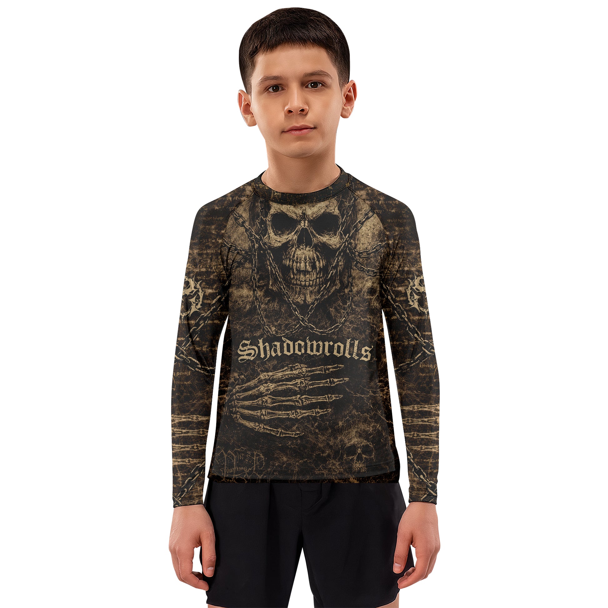 Shadowrolls Skull Chain Kids Rash Guard Long Sleeve - boy's lifestyle view
