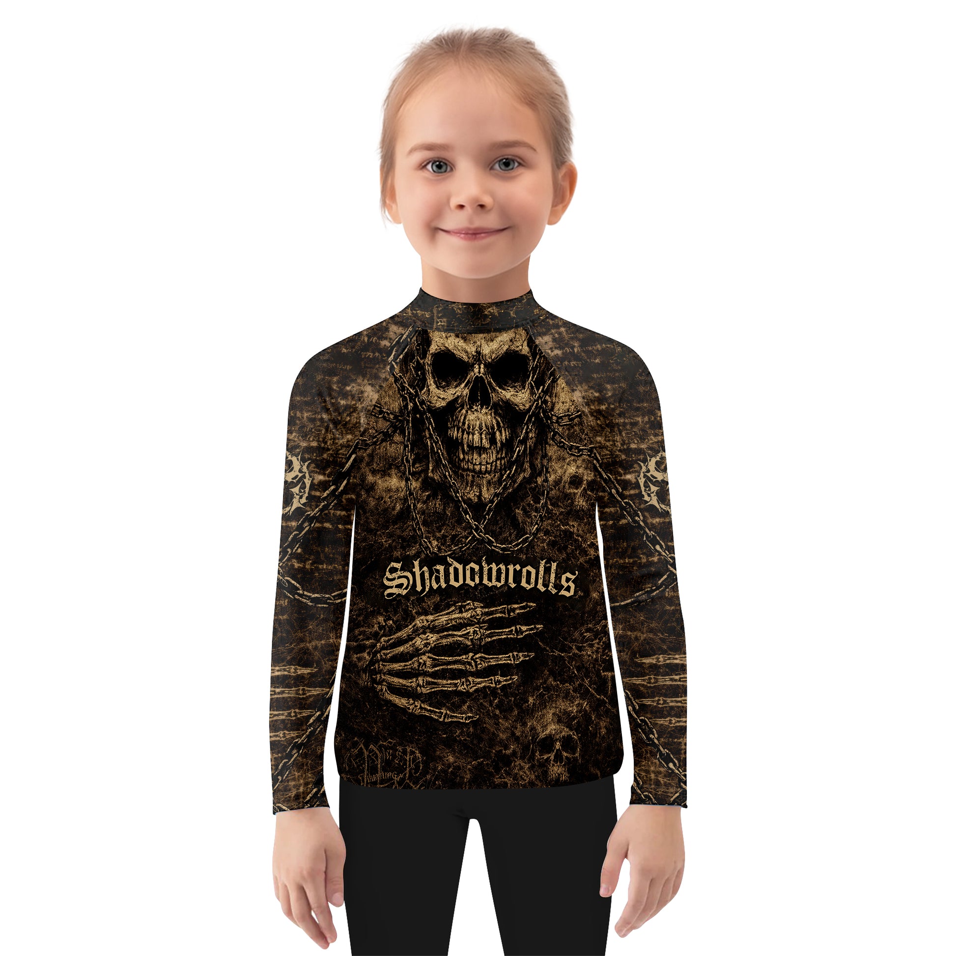 Shadowrolls Skull Chain Kids Rash Guard Long Sleeve - girl's lifestyle view