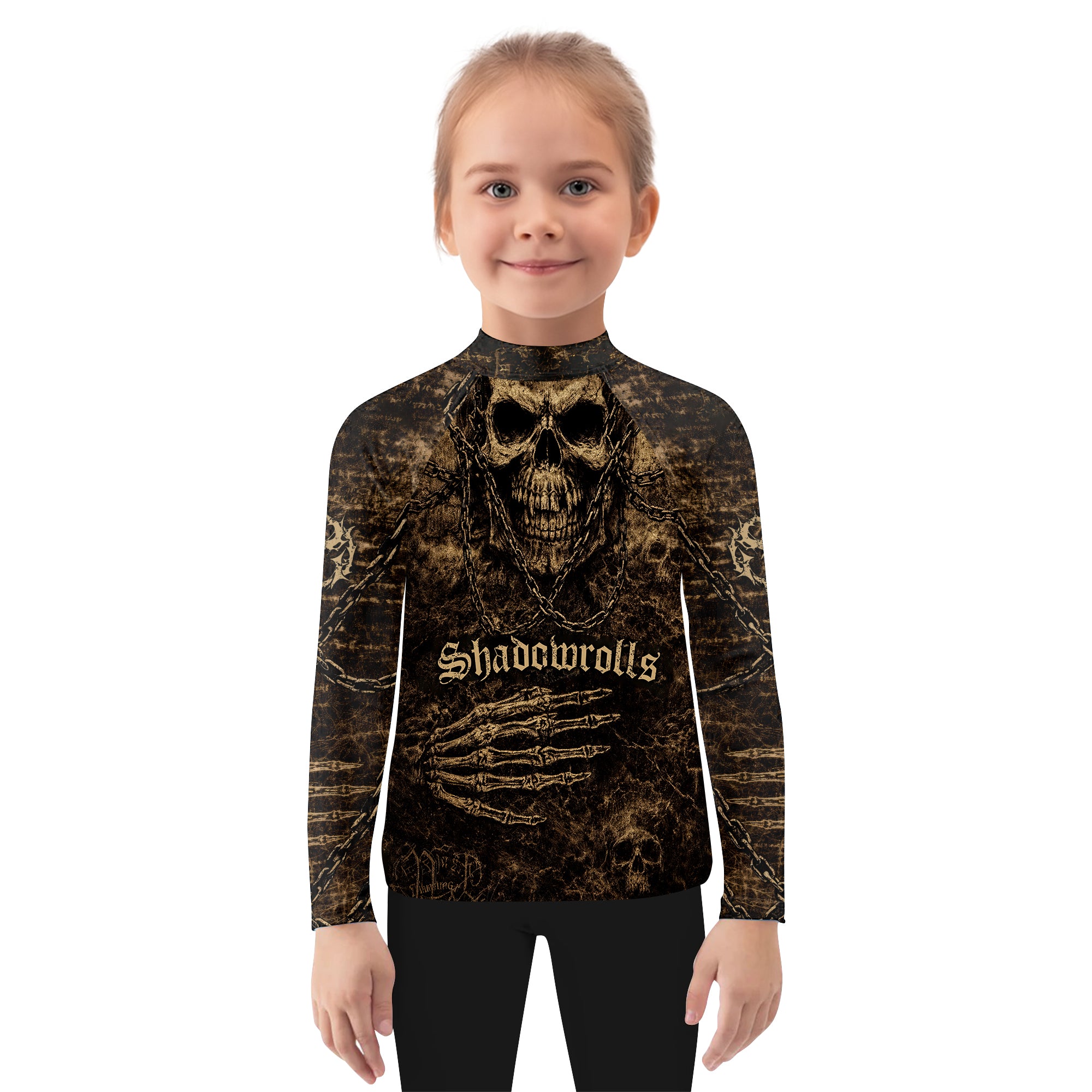 Shadowrolls Skull Chain Kids Rash Guard Long Sleeve - girl's lifestyle view