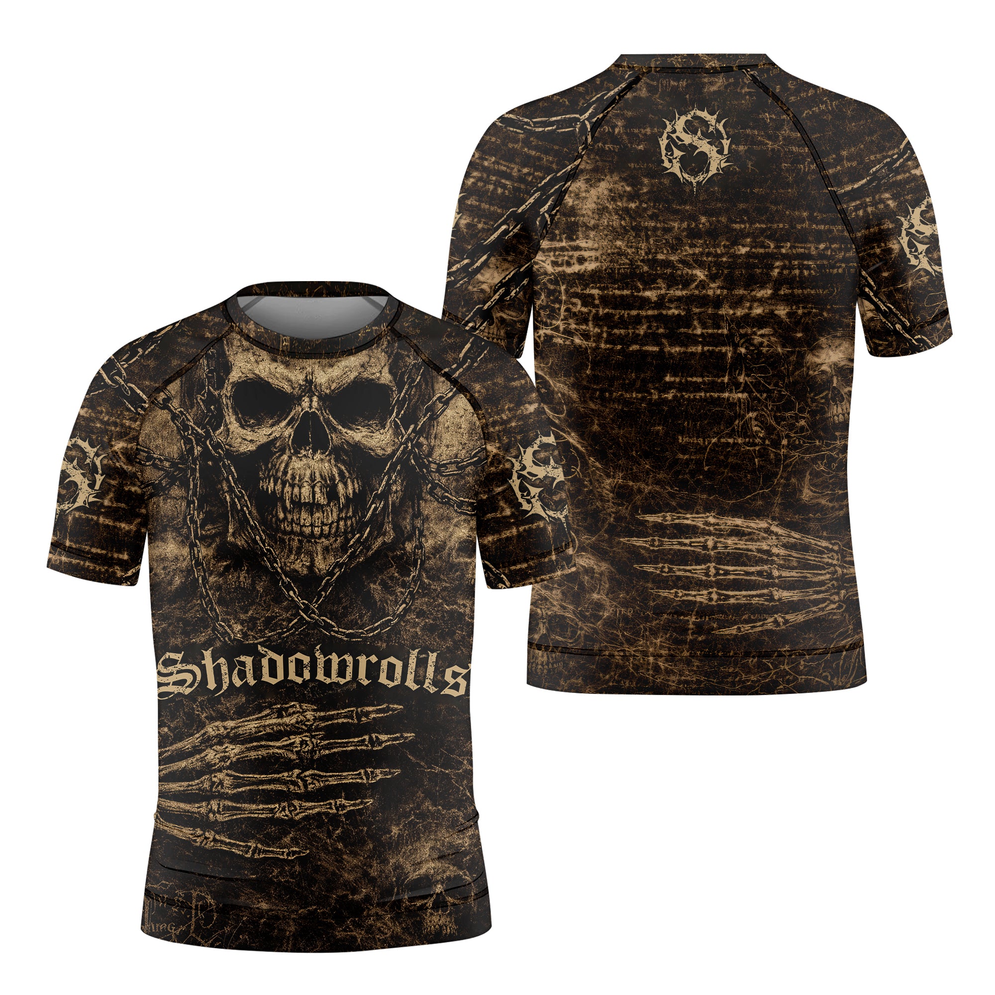 Shadowrolls Skull Chain Kids Rash Guard Short Sleeve - front and back view