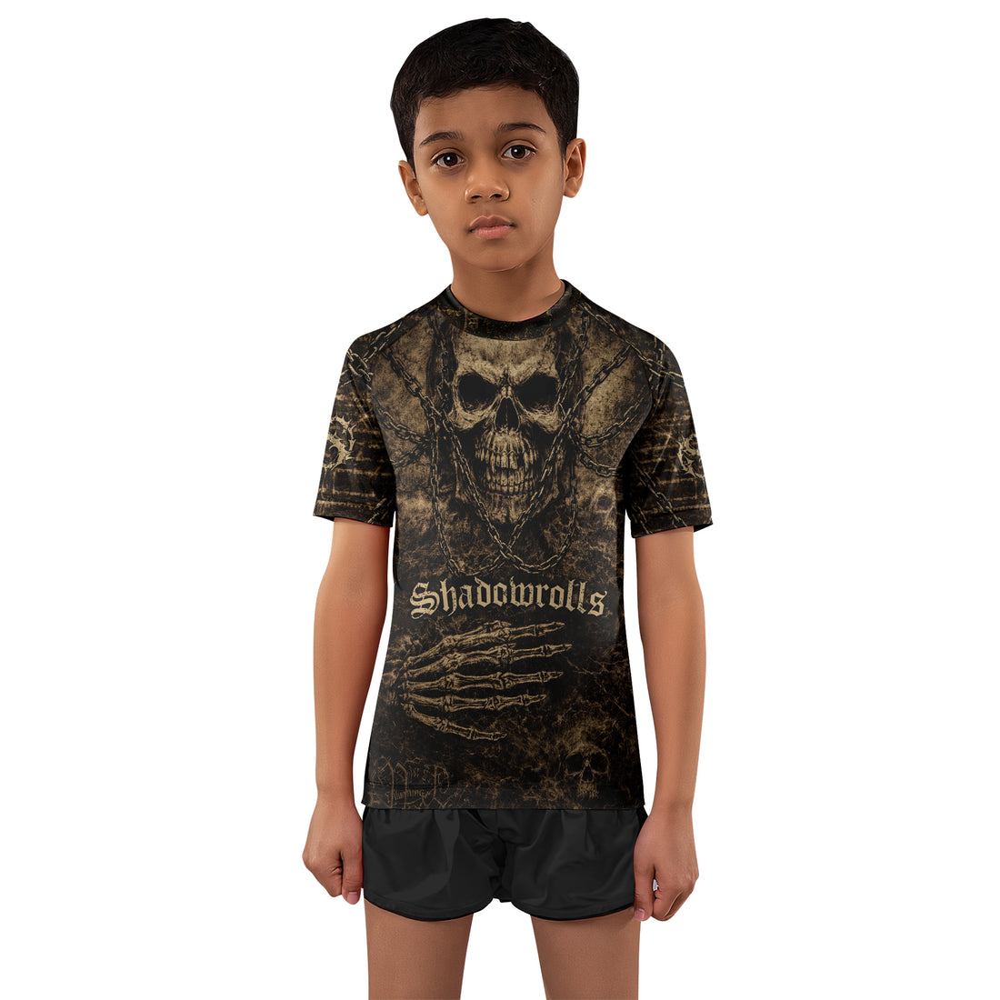 Shadowrolls Skull Chain Kids Rash Guard Short Sleeve - boy's lifestyle view