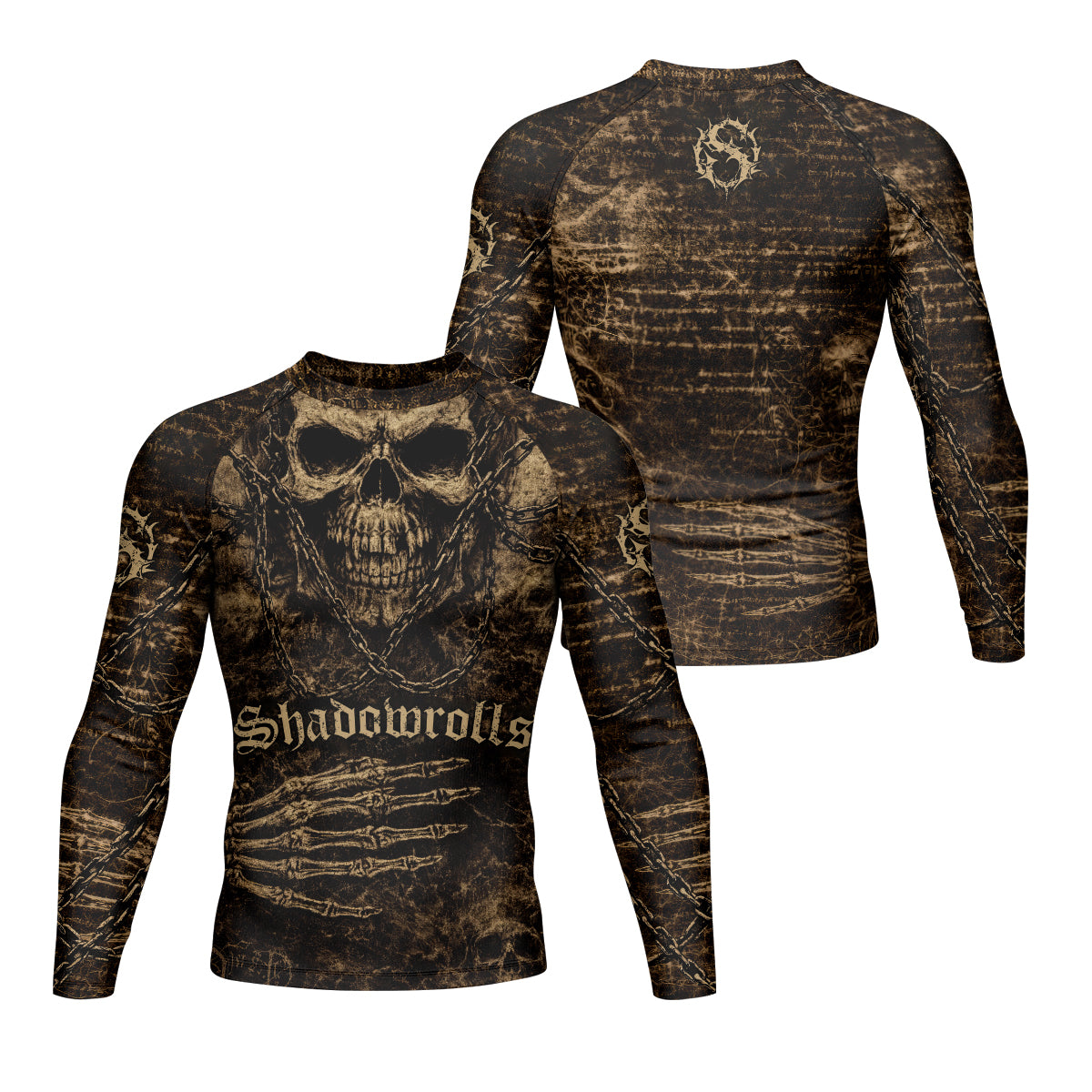 Shadowrolls Skull Chain Men's Rash Guard Long Sleeve - front and back view