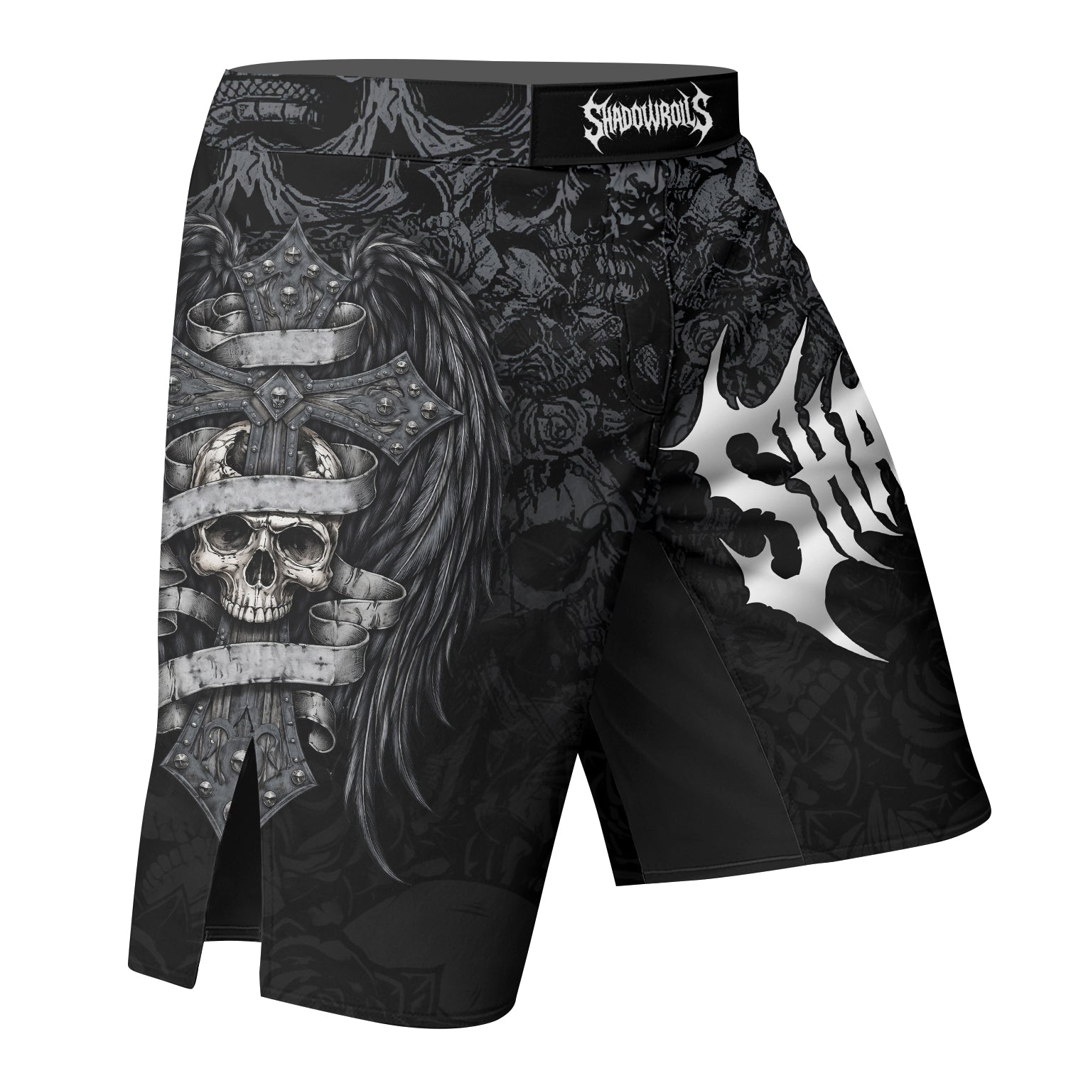 Angelic Skull Gothic Cross Fight Shorts - right side mockup