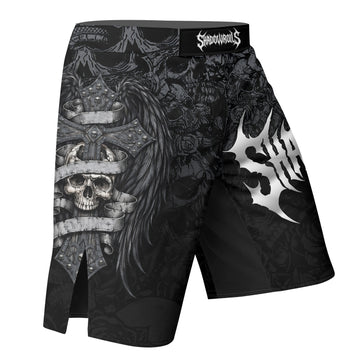 Angelic Skull Gothic Cross Fight Shorts - right side mockup