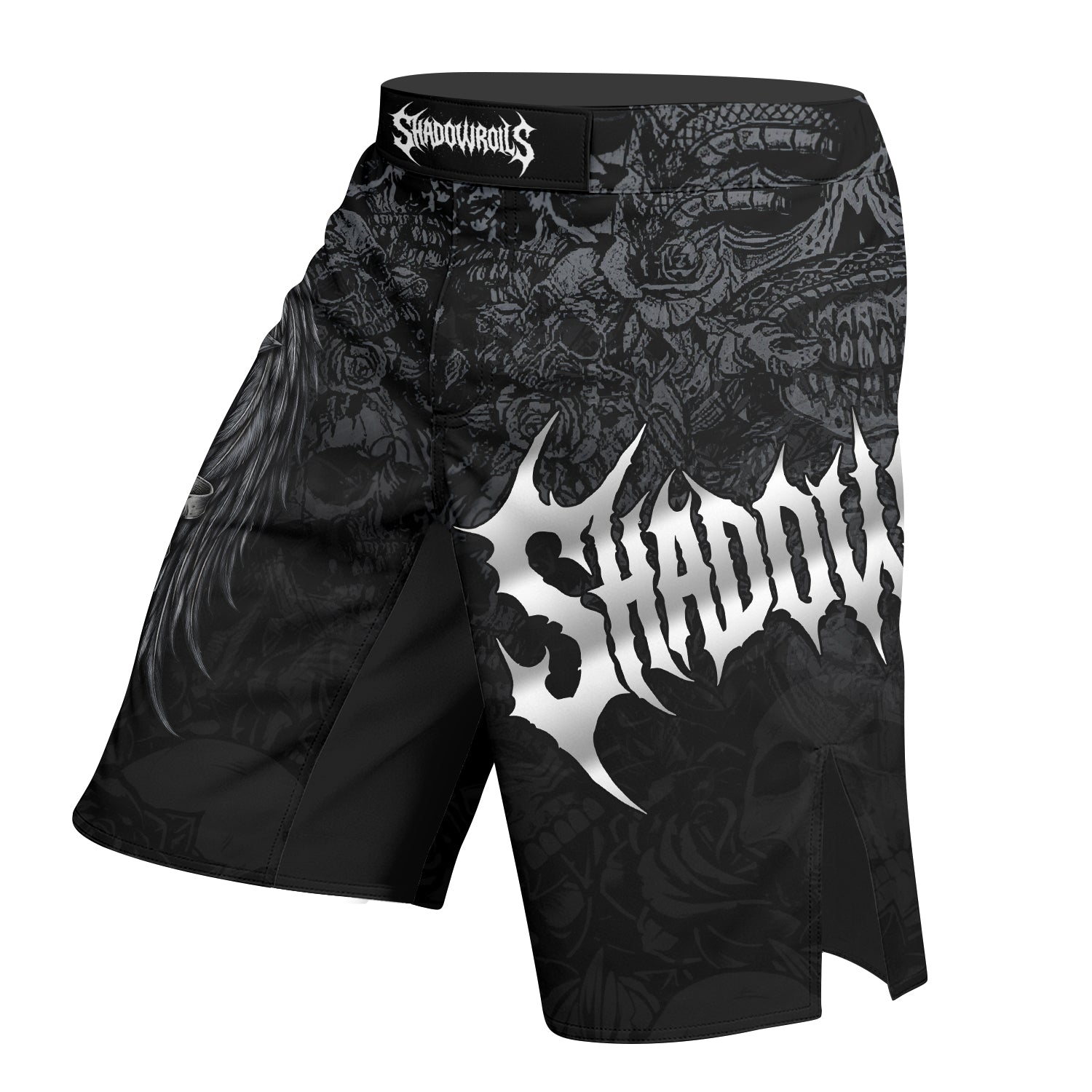 Angelic Skull Gothic Cross Fight Shorts - left side mockup