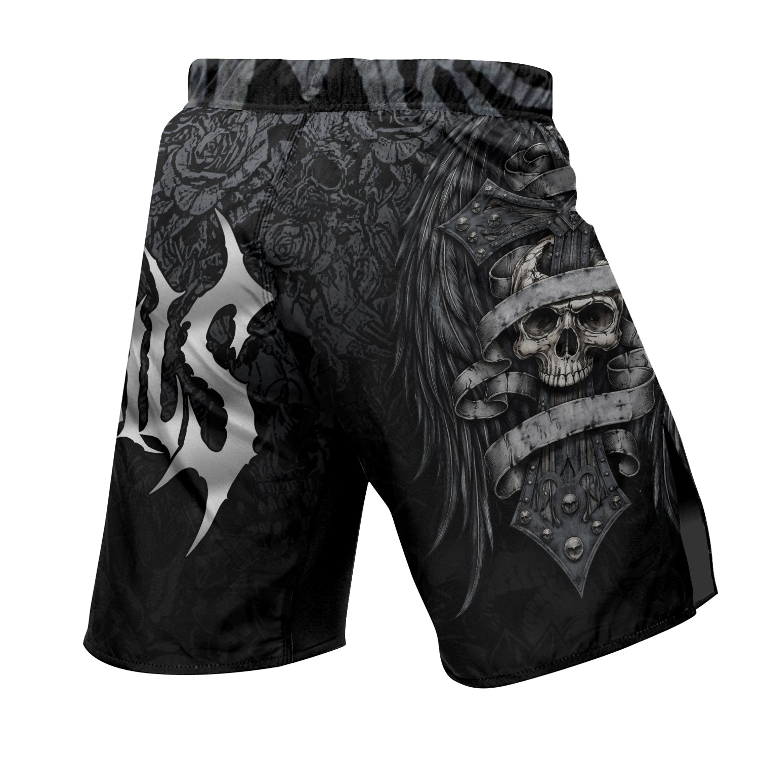 Angelic Skull Gothic Cross Fight Shorts - back view mockup