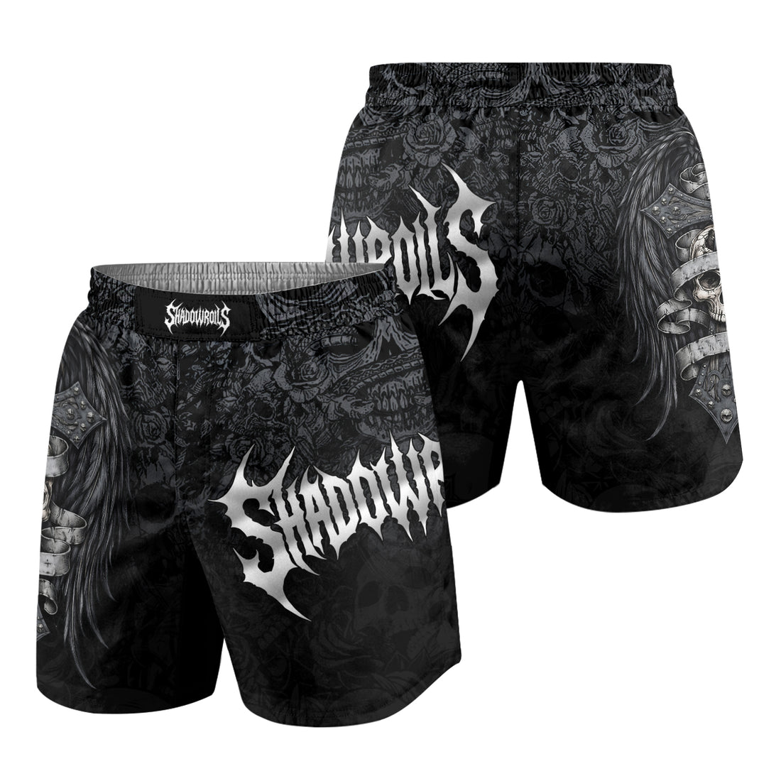 Angelic Skull Gothic Cross Grappling Shorts - front and back view