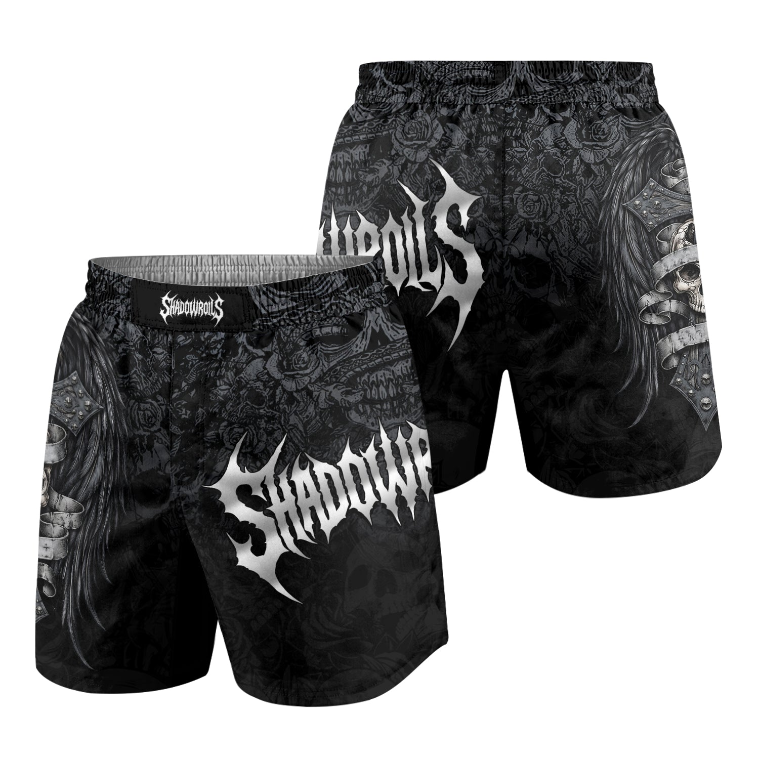 Angelic Skull Gothic Cross Grappling Shorts - front and back view