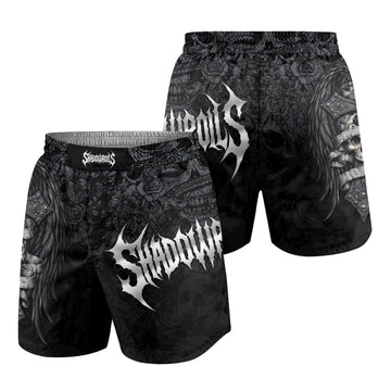 Angelic Skull Gothic Cross Grappling Shorts - front and back view