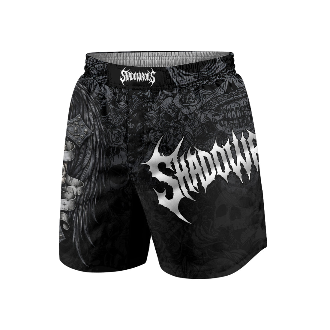 Angelic Skull Gothic Cross Grappling Shorts - front and back view