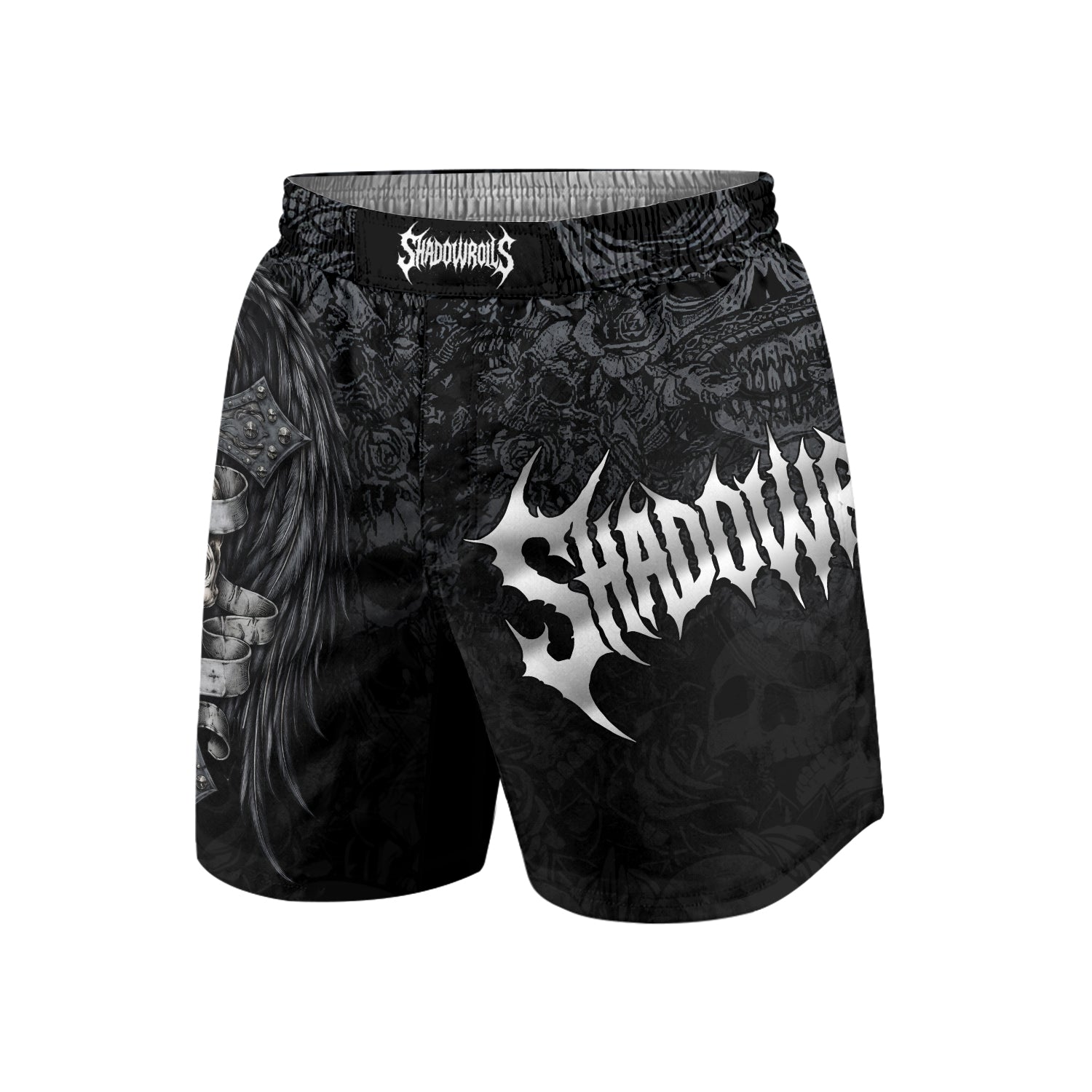 Angelic Skull Gothic Cross Grappling Shorts - front view mockup