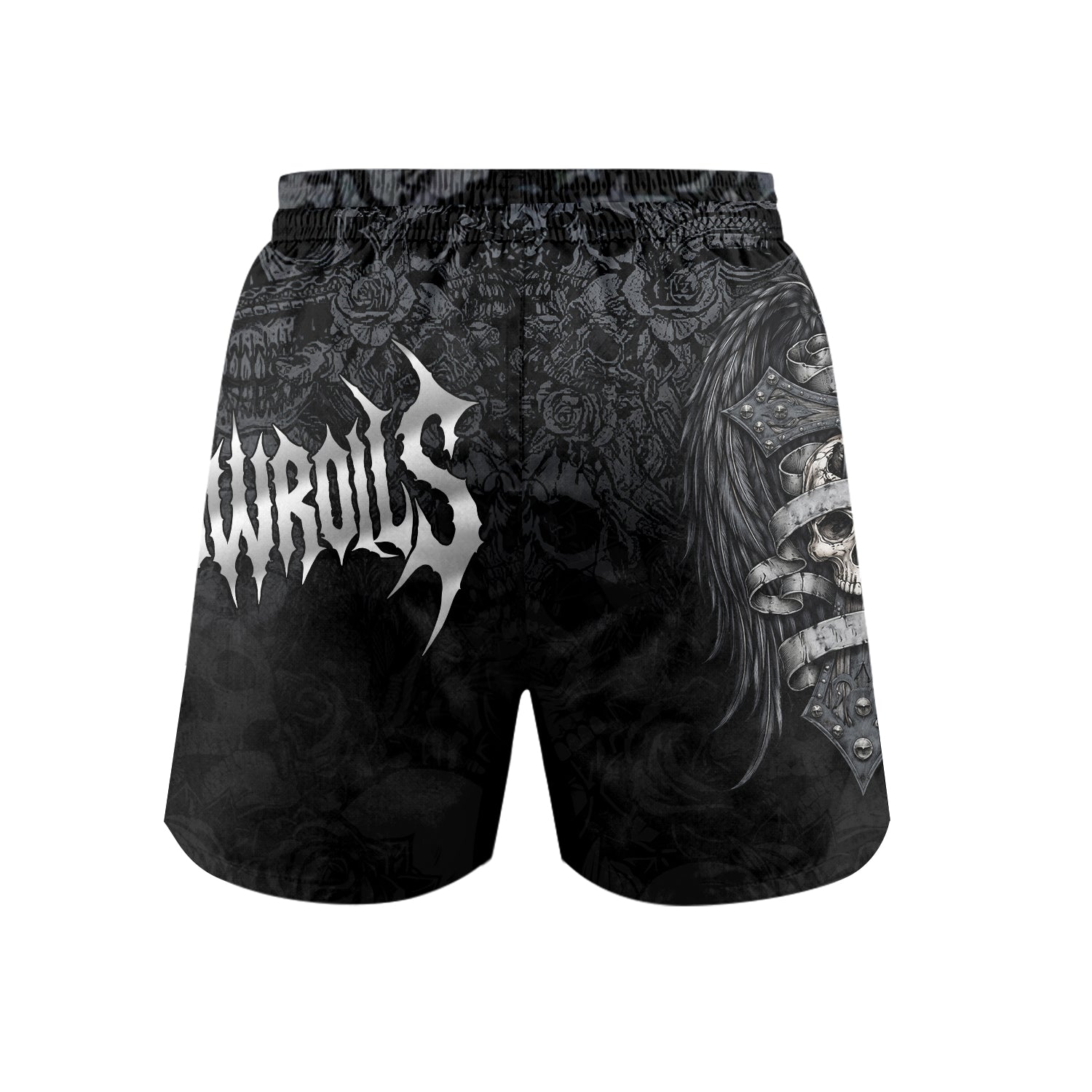 Angelic Skull Gothic Cross Grappling Shorts - back view mockup