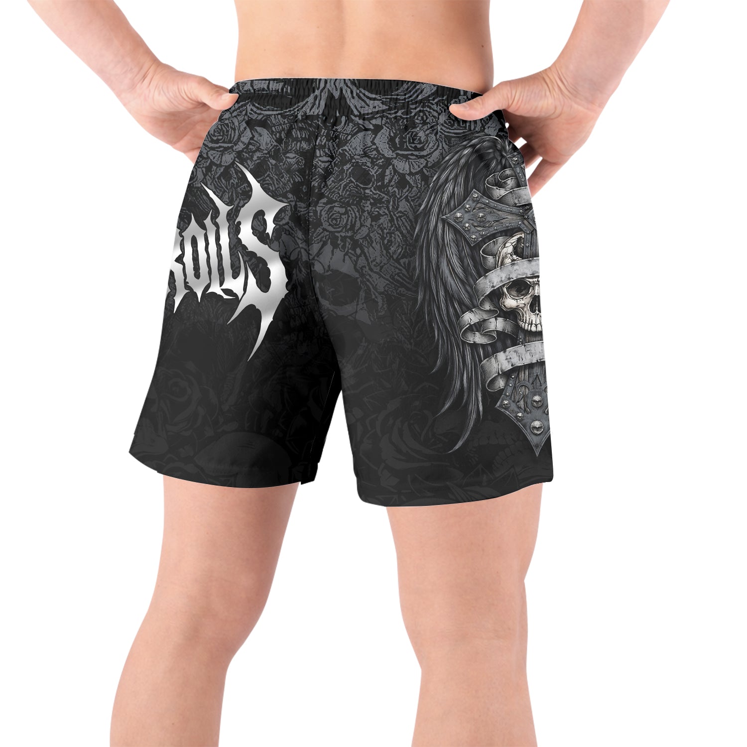 Angelic Skull Gothic Cross Grappling Shorts - back view lifestyle