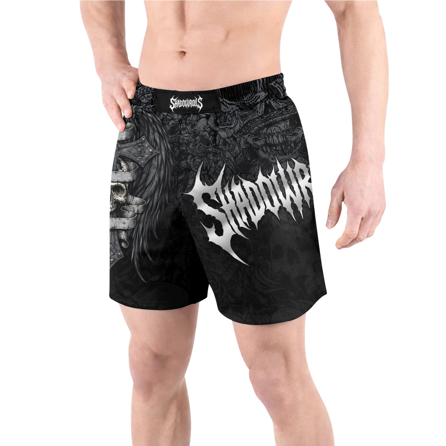 Angelic Skull Gothic Cross Grappling Shorts - front view lifestyle