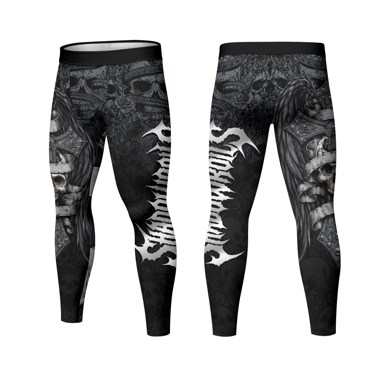 Angelic Skull Gothic Cross Men's Leggings - front and back view
