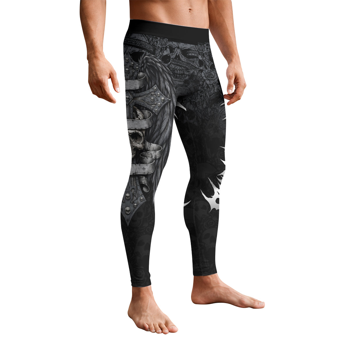 Angelic Skull Gothic Cross Men's Leggings - front view mockup