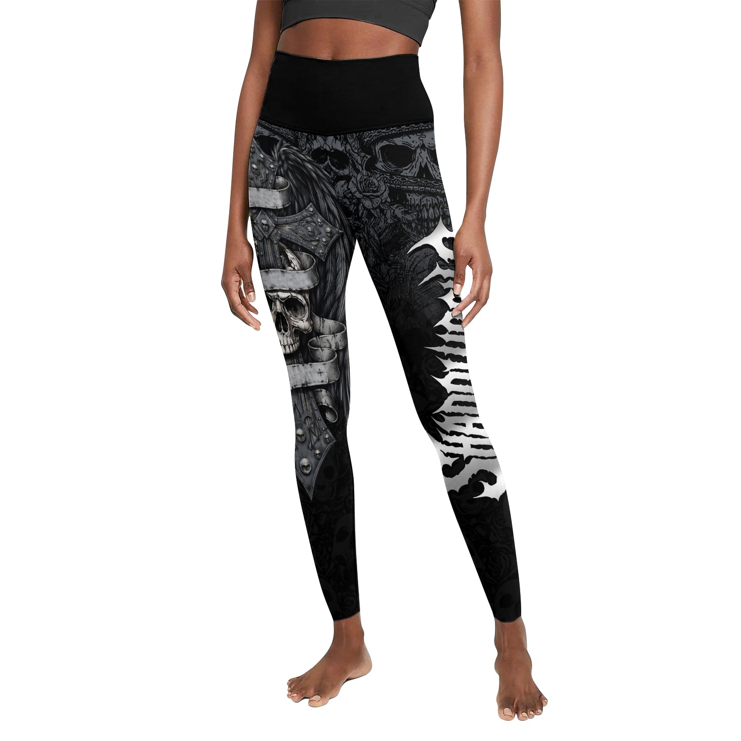 Angelic Skull Gothic Cross Women's Leggings - front view mockup
