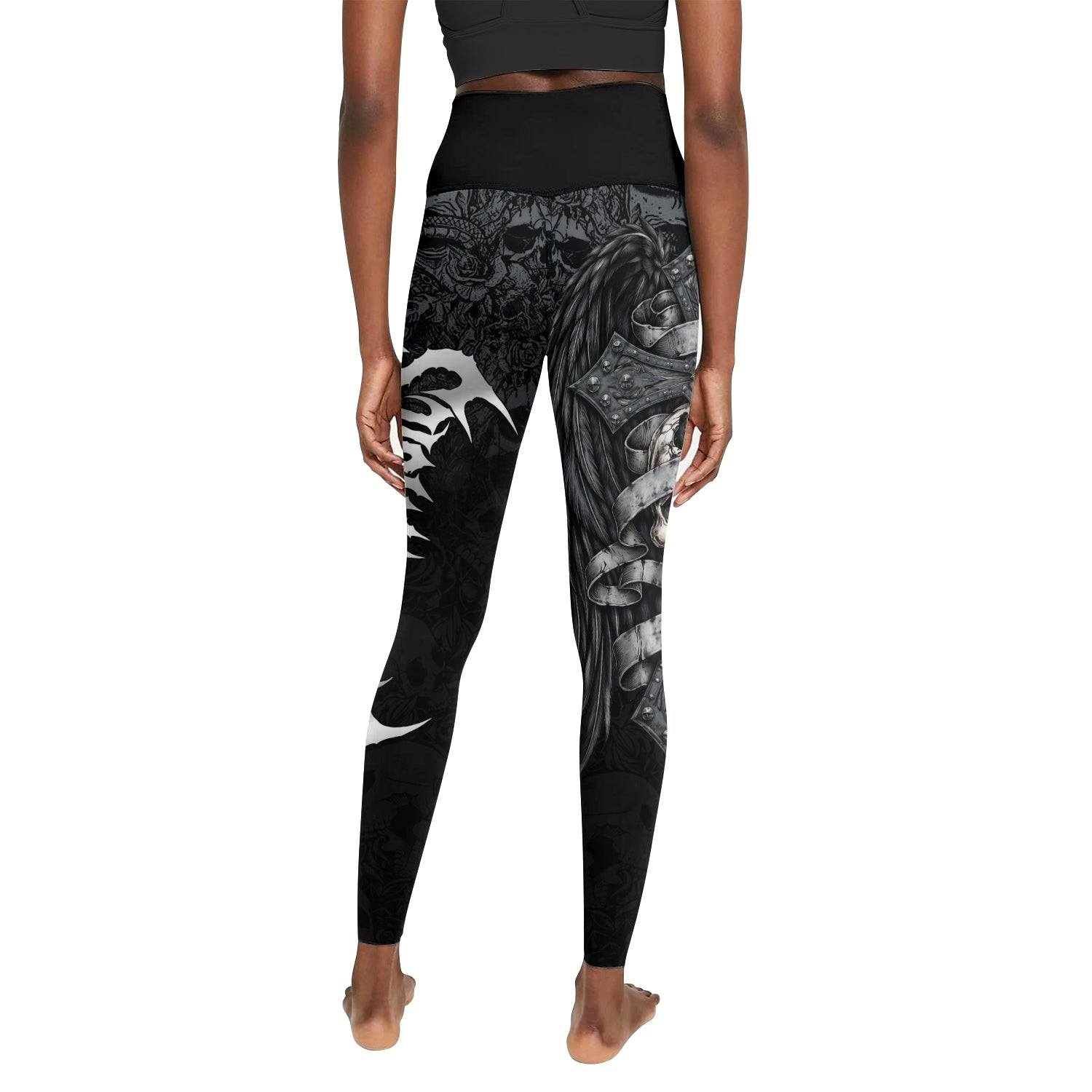 Angelic Skull Gothic Cross Women's Leggings - back view mockup
