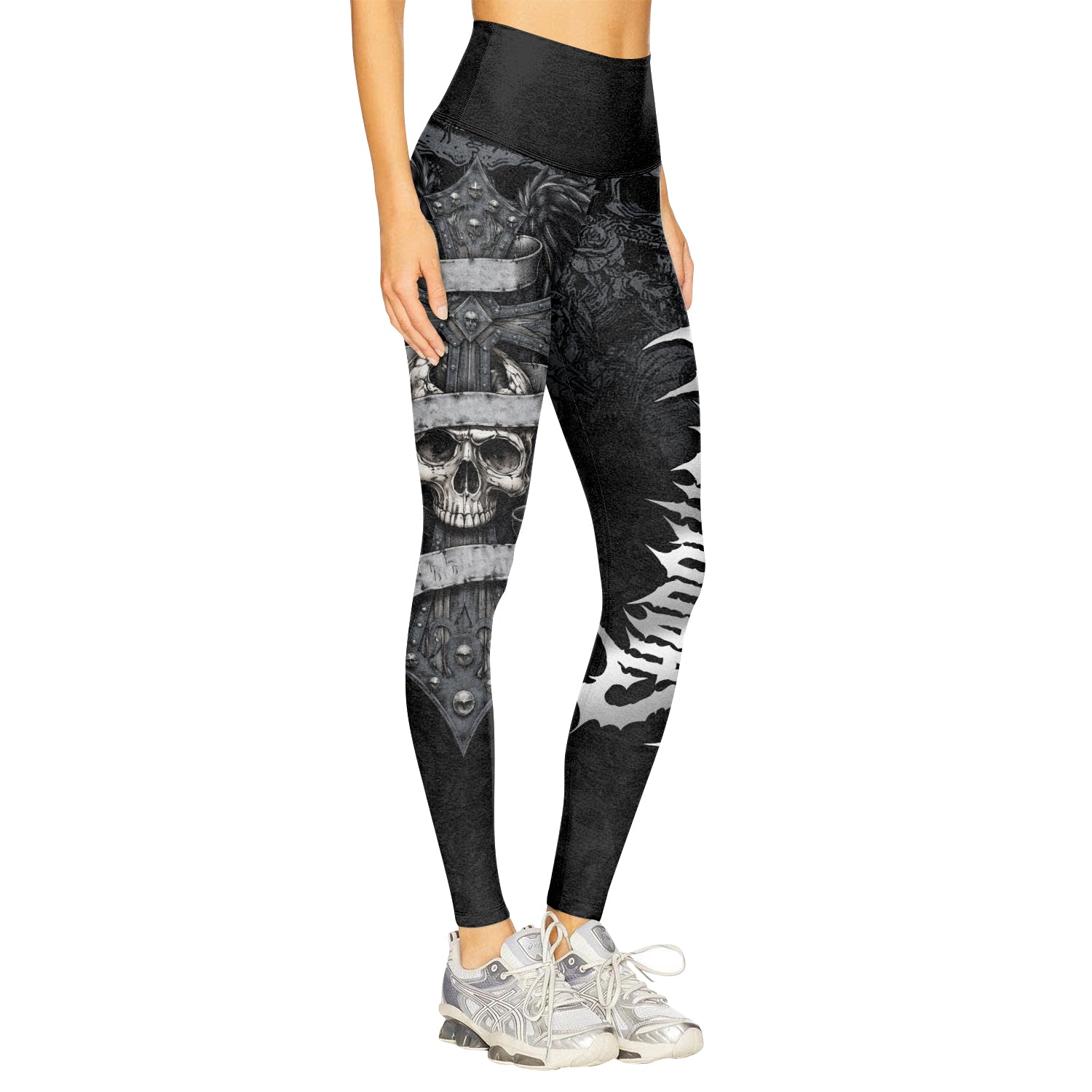 Angelic Skull Gothic Cross Women's Leggings - right side mockup