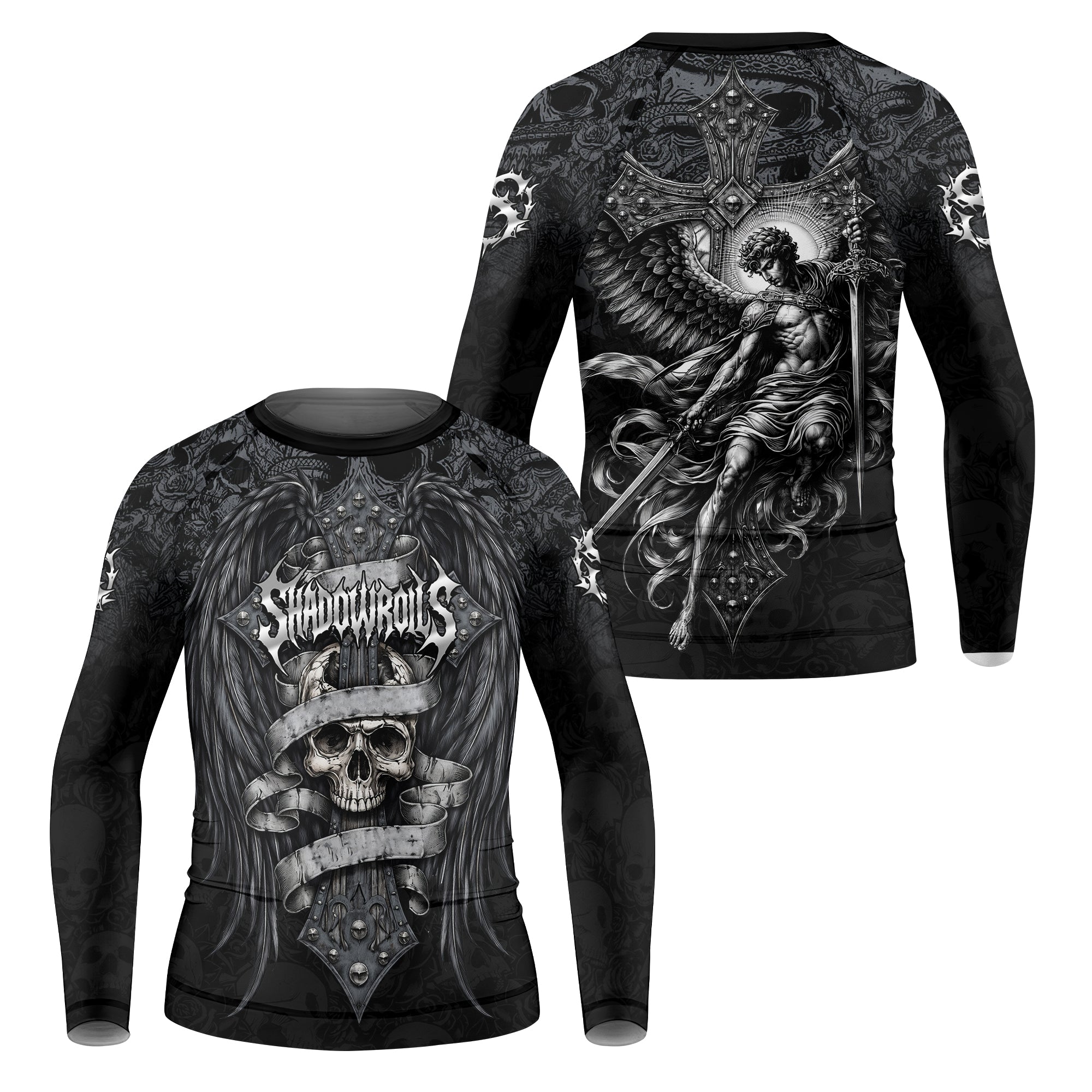 Angelic Skull Gothic Cross Kids Rash Guard Long Sleeve - front and back view